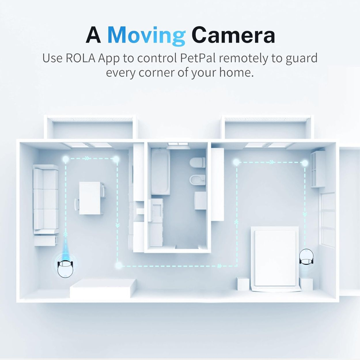 Ein Diagramm eines Smart Homes mit zwei Roboterstaubsaugern, die Räume reinigen, den gepunkteten Linien folgend.