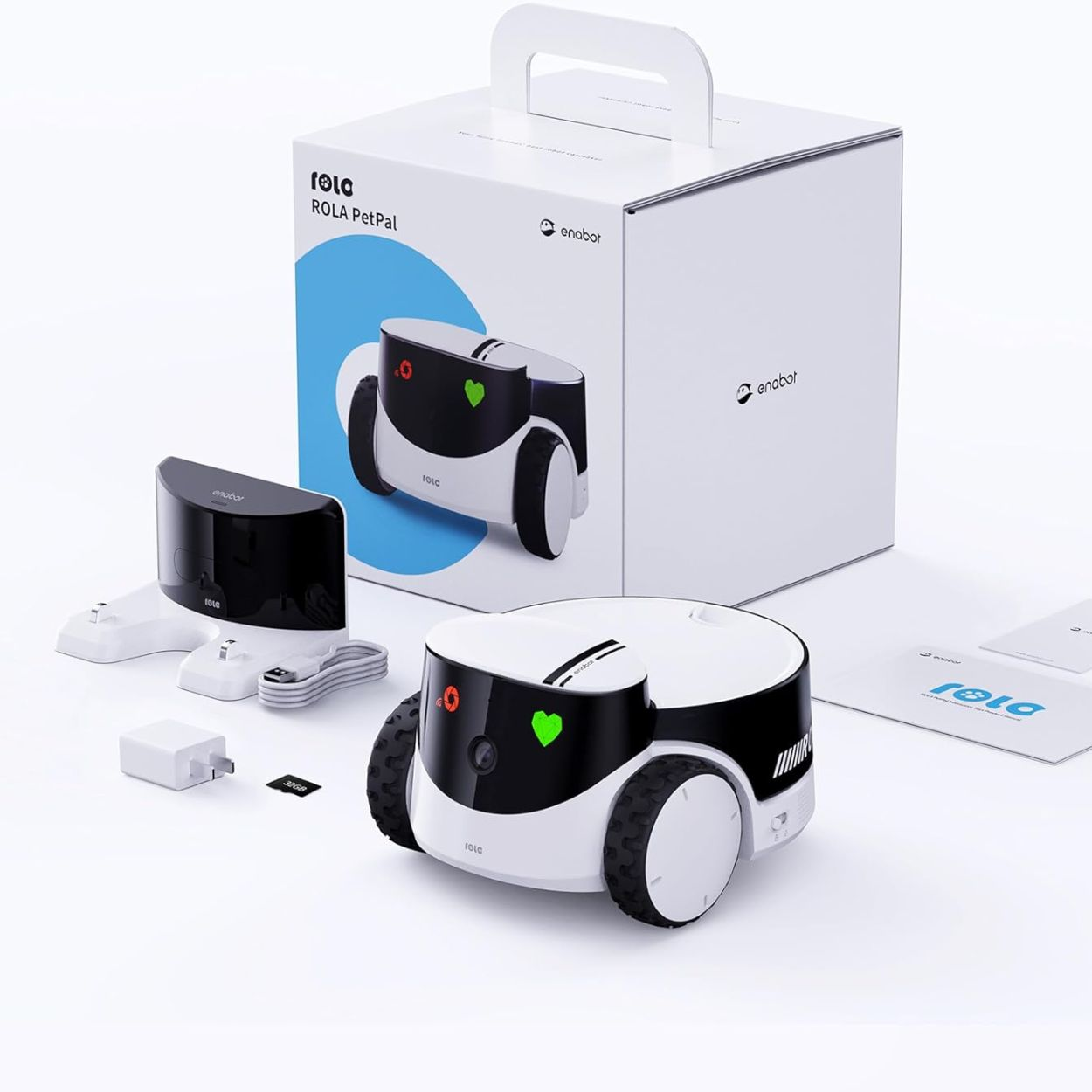 Roboterspielzeug mit Zubehör, weiß und schwarz mit einer Box.