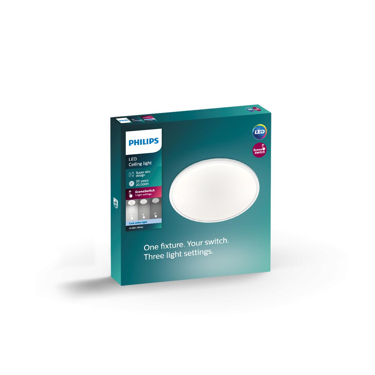 Boîte de plafonnier LED Philips, forme ronde. Fond blanc.