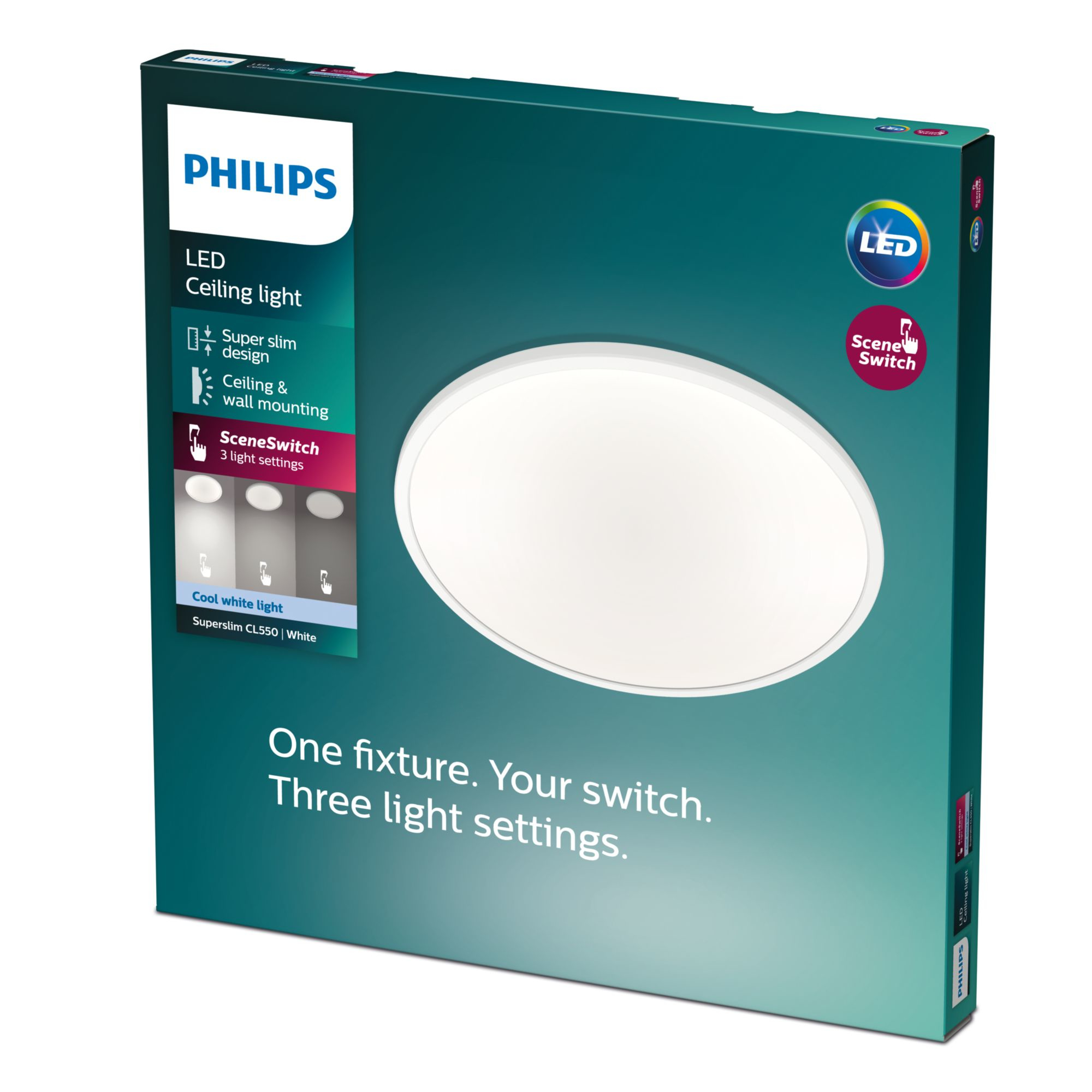 Une boîte de plafonnier LED Philips avec détails du produit et une image du luminaire.