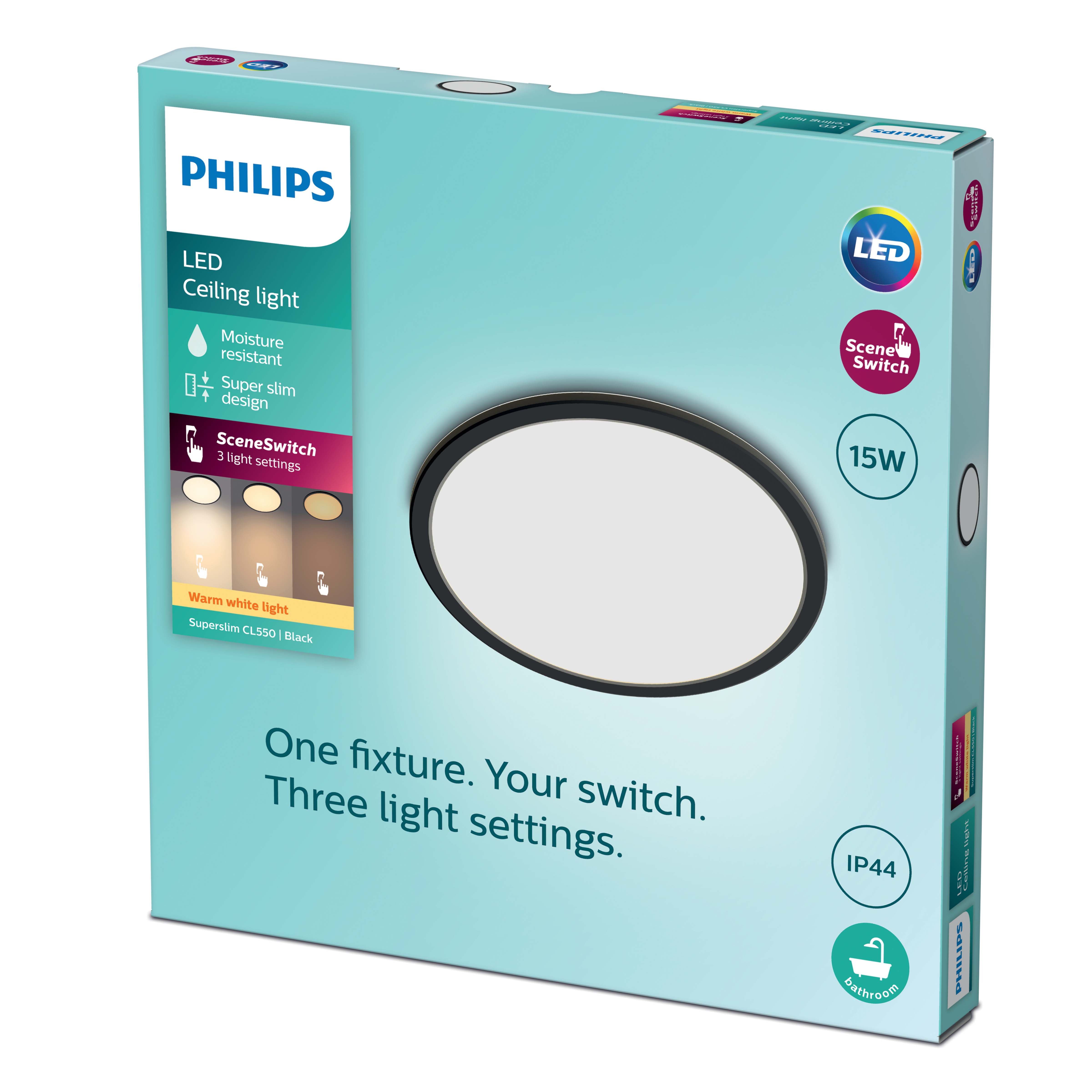 Boîte de plafonnier LED Philips, cadre noir, lumière blanche. Trois réglages de lumière.