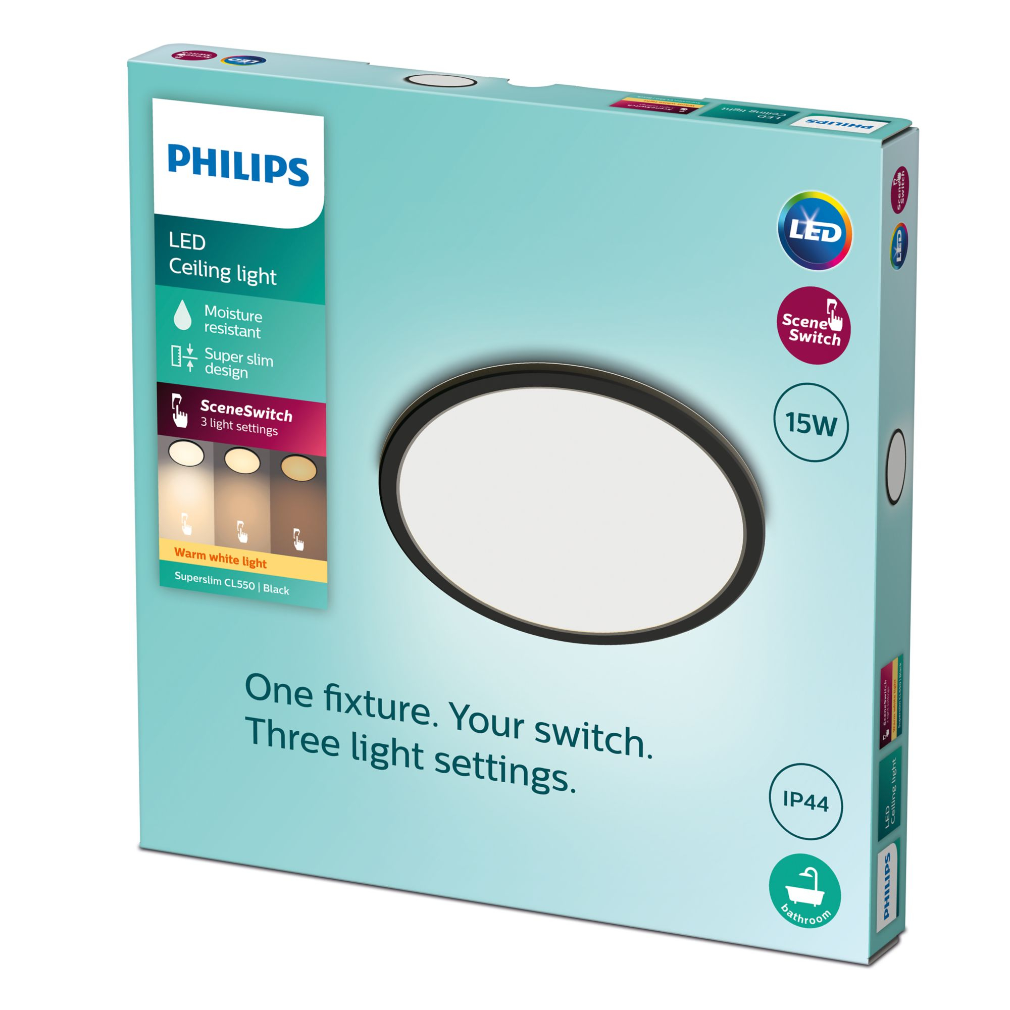 Boîte de plafonnier LED Philips, rond. Fond blanc.