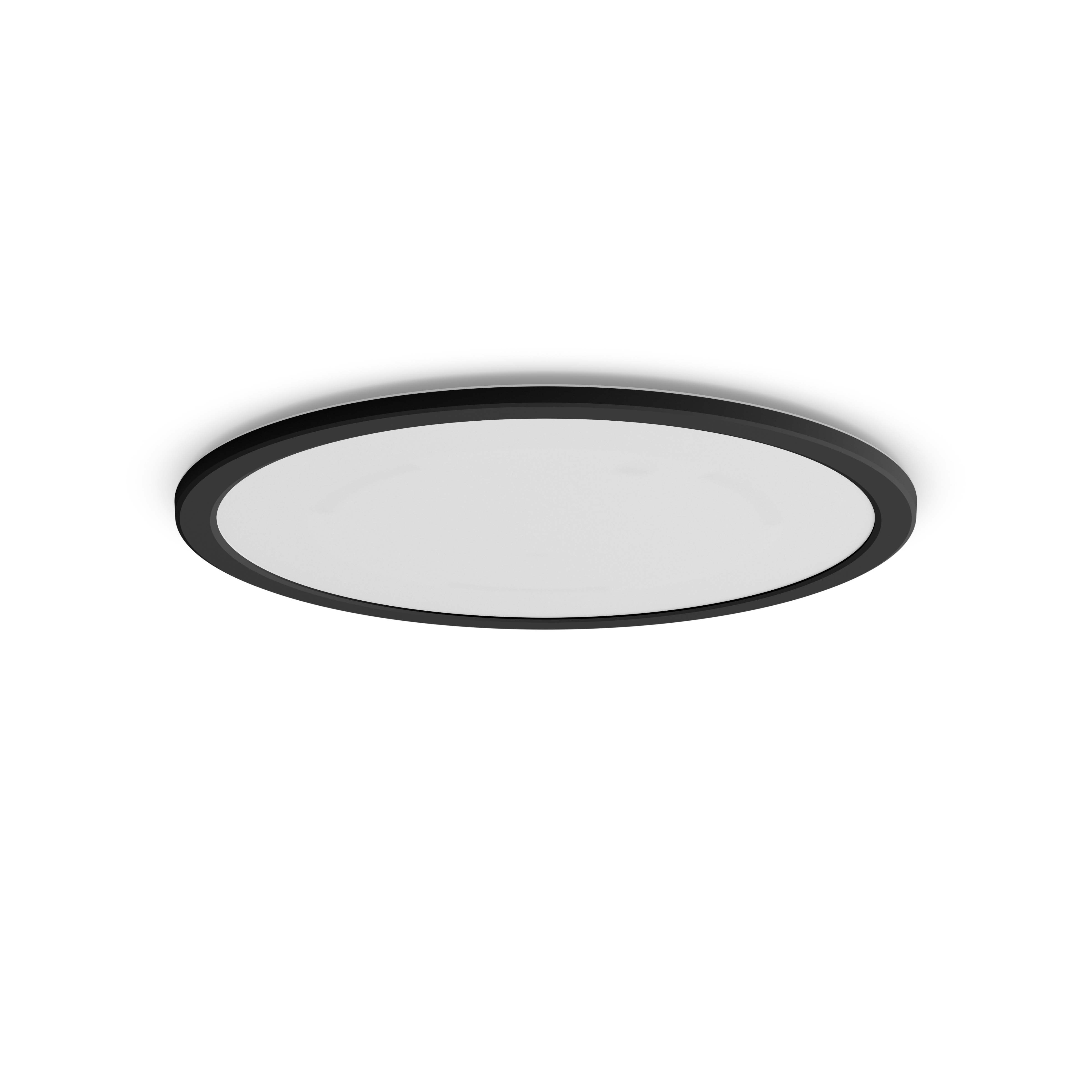 Un plafonnier rond avec une bordure noire sur fond blanc, vu d'en bas.
