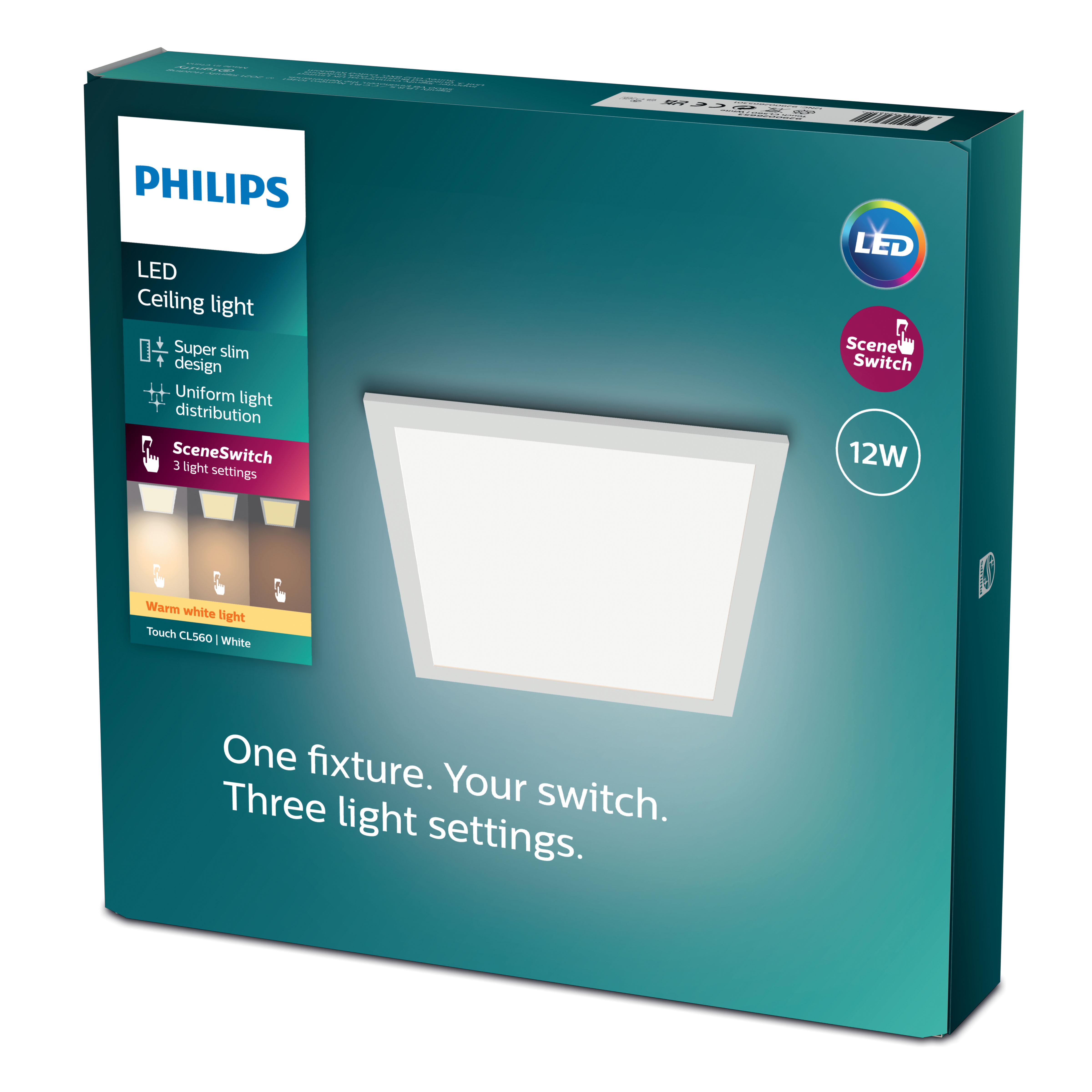 Scatola della plafoniera a LED Philips, quadrata. Sfondo bianco.