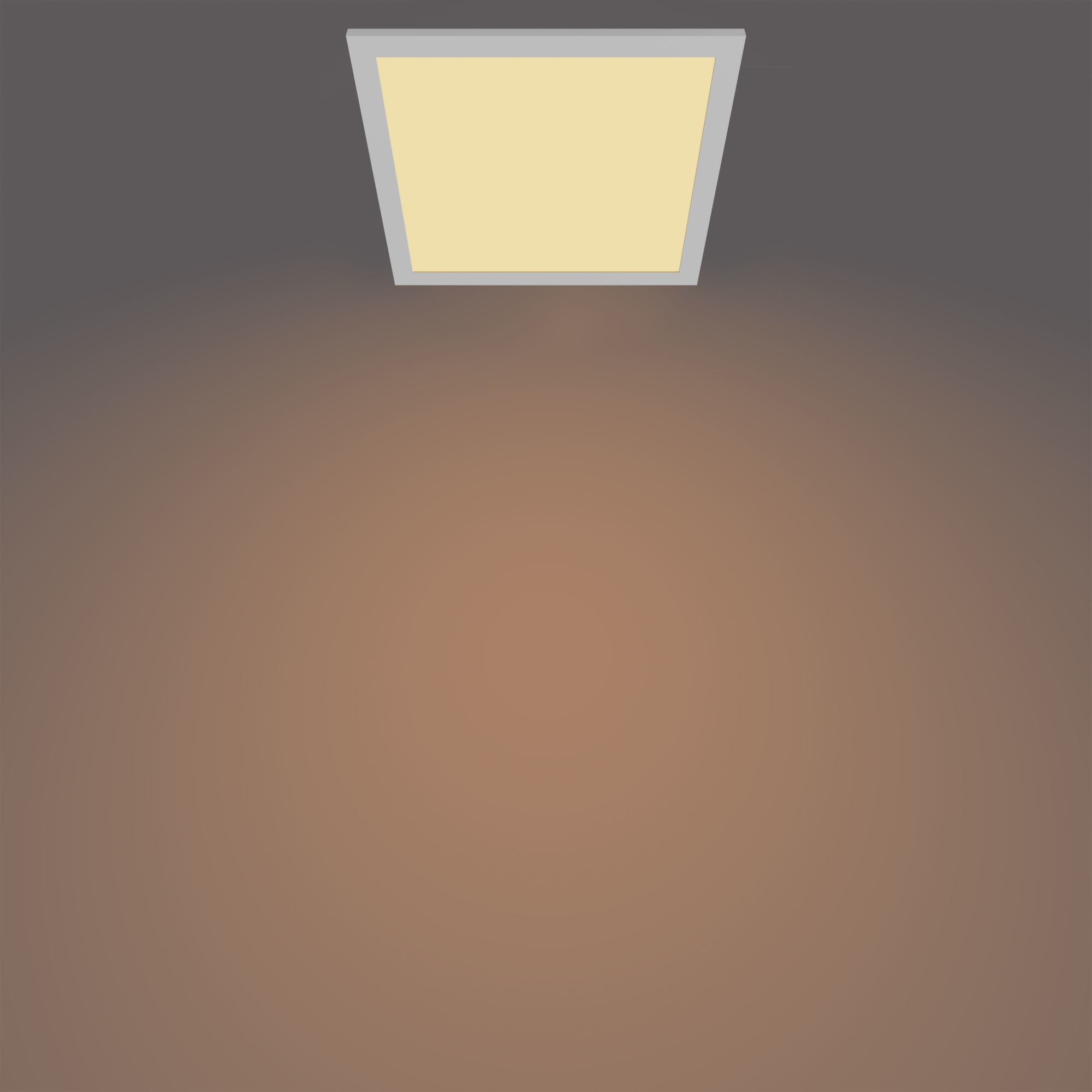 Apparecchio LED rettangolare bianco con bagliore beige su un gradiente marrone.
