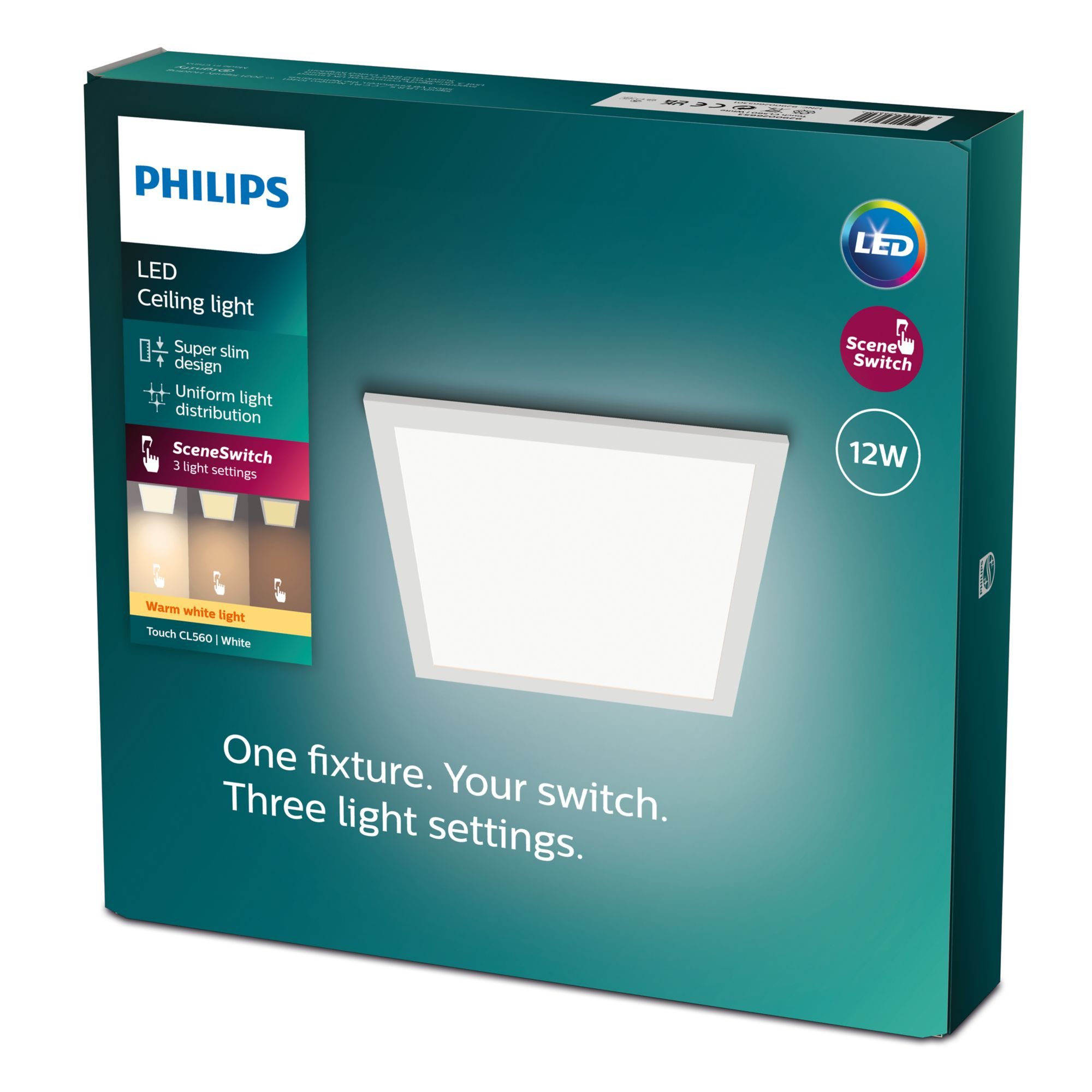 Scatola plafoniera LED Philips, apparecchio bianco con tre impostazioni.
