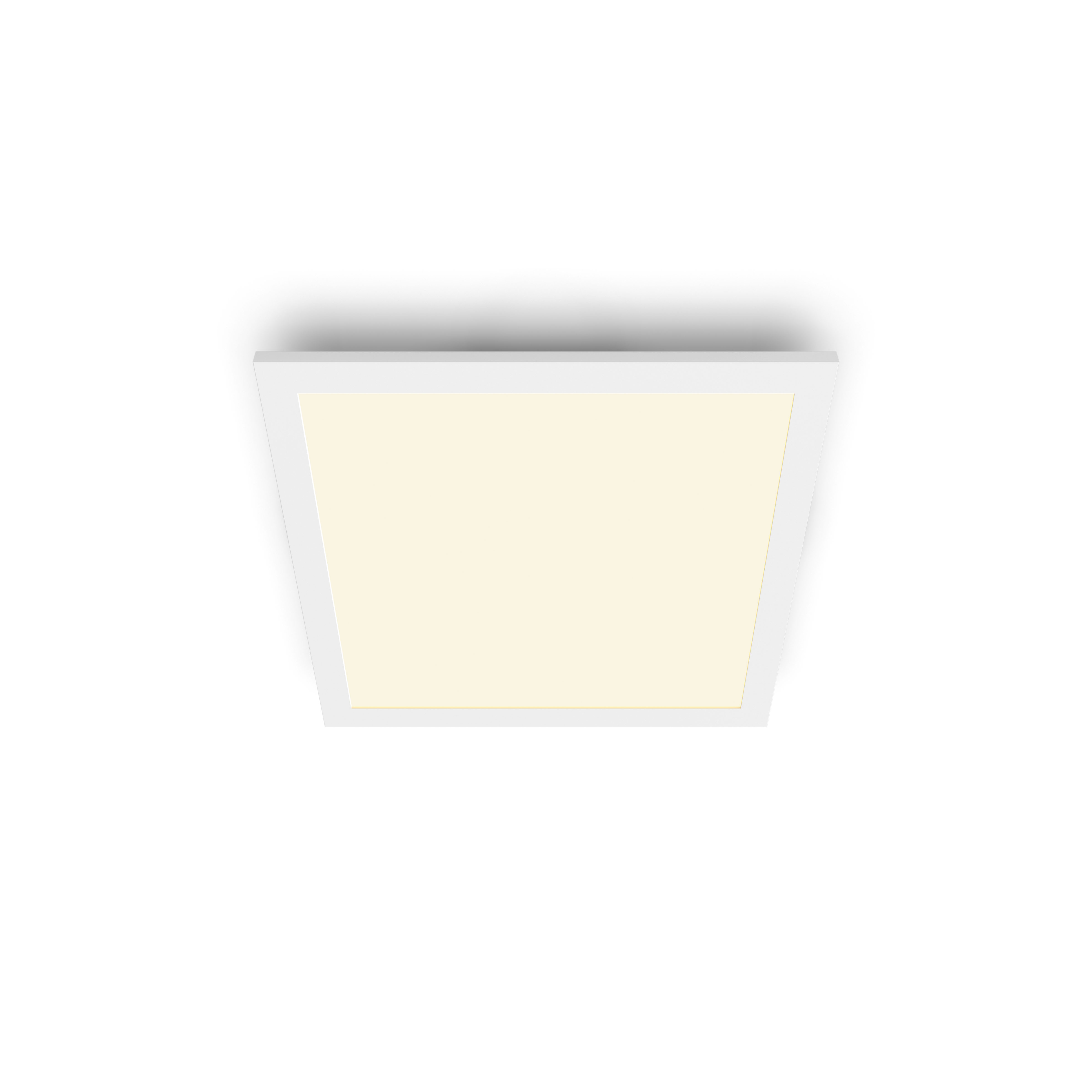 Apparecchio LED rettangolare bianco con bagliore beige, sfondo bianco.