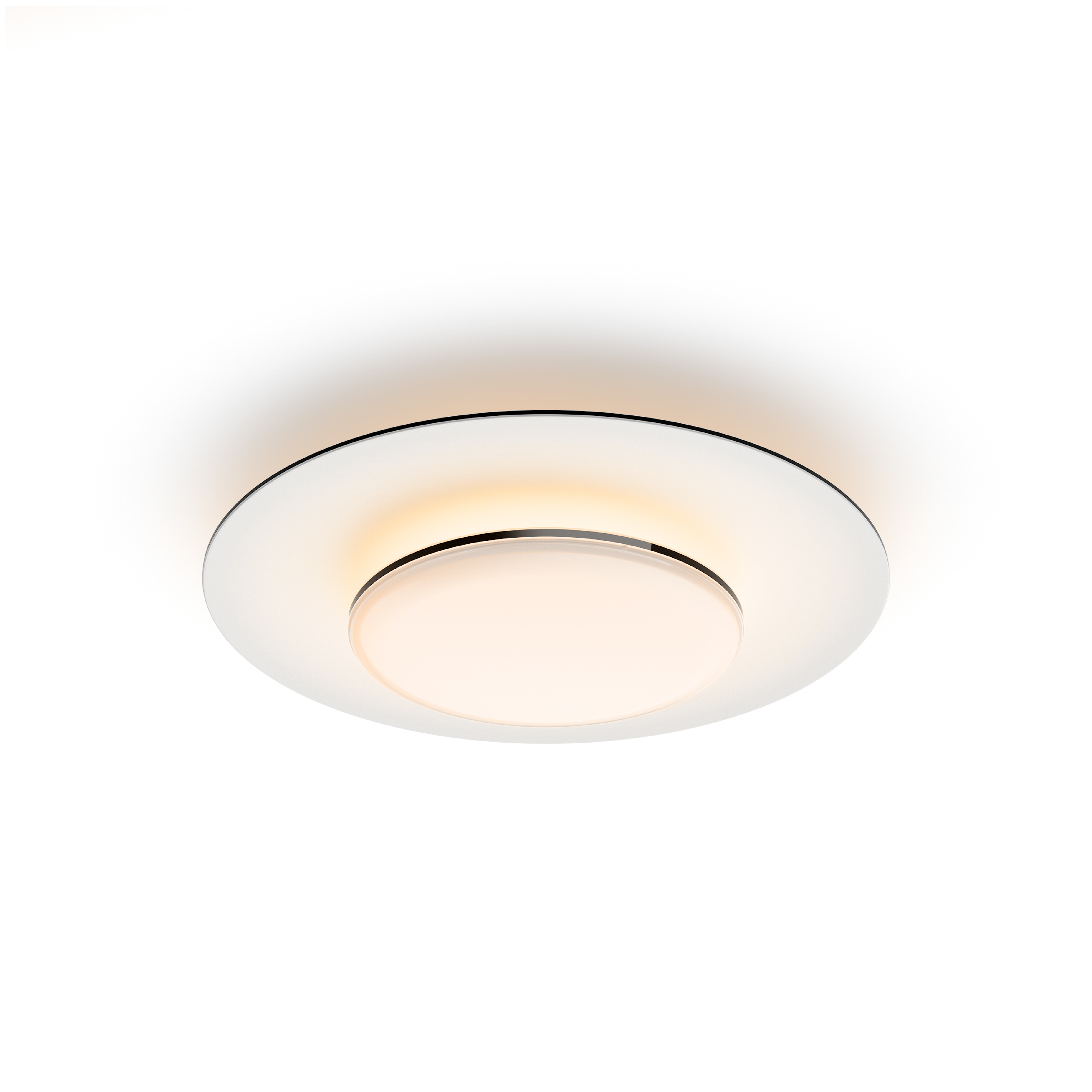 Apparecchio di illuminazione a soffitto circolare bianco, incassato con luce centrale, sfondo bianco.
