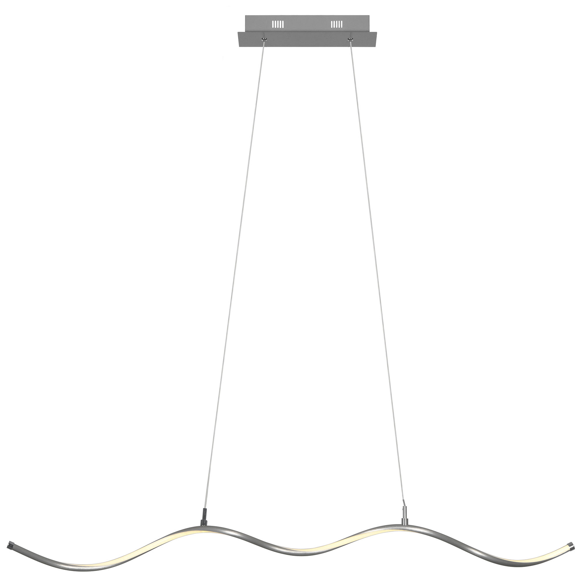 Apparecchio di illuminazione argentato e ondulato, sospeso con due fili da un supporto rettangolare. Sfondo bianco.