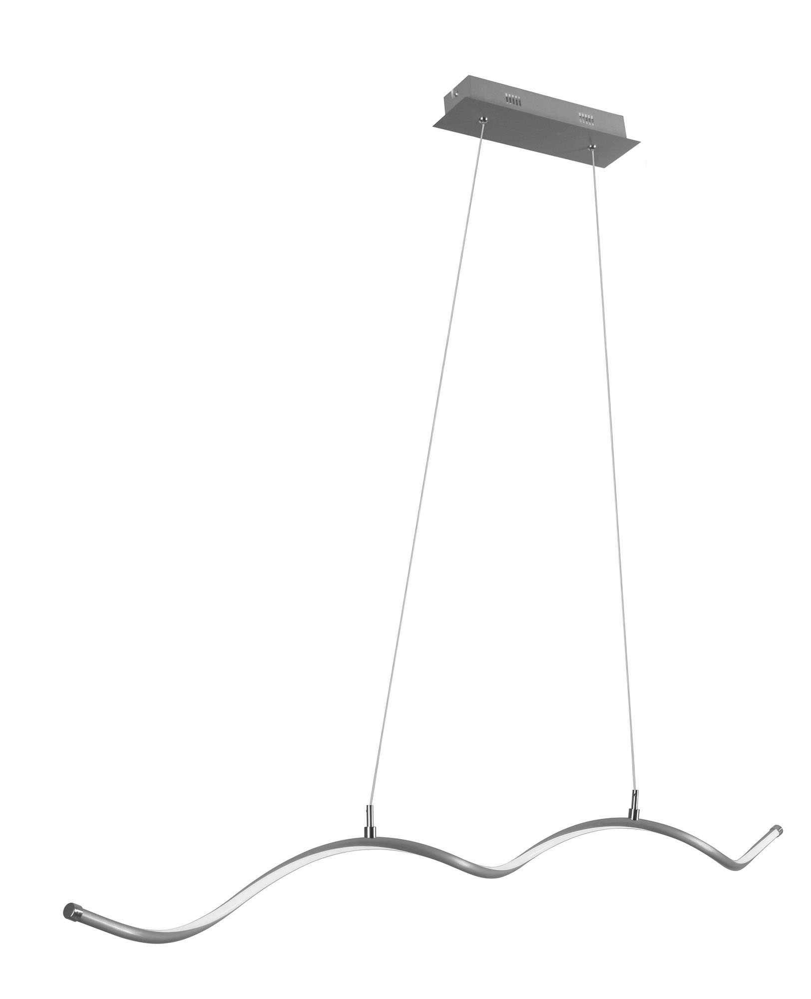 Lampada a sospensione argentata moderna. La luce ha un design a forma di onda, con montaggio a soffitto rettangolare.