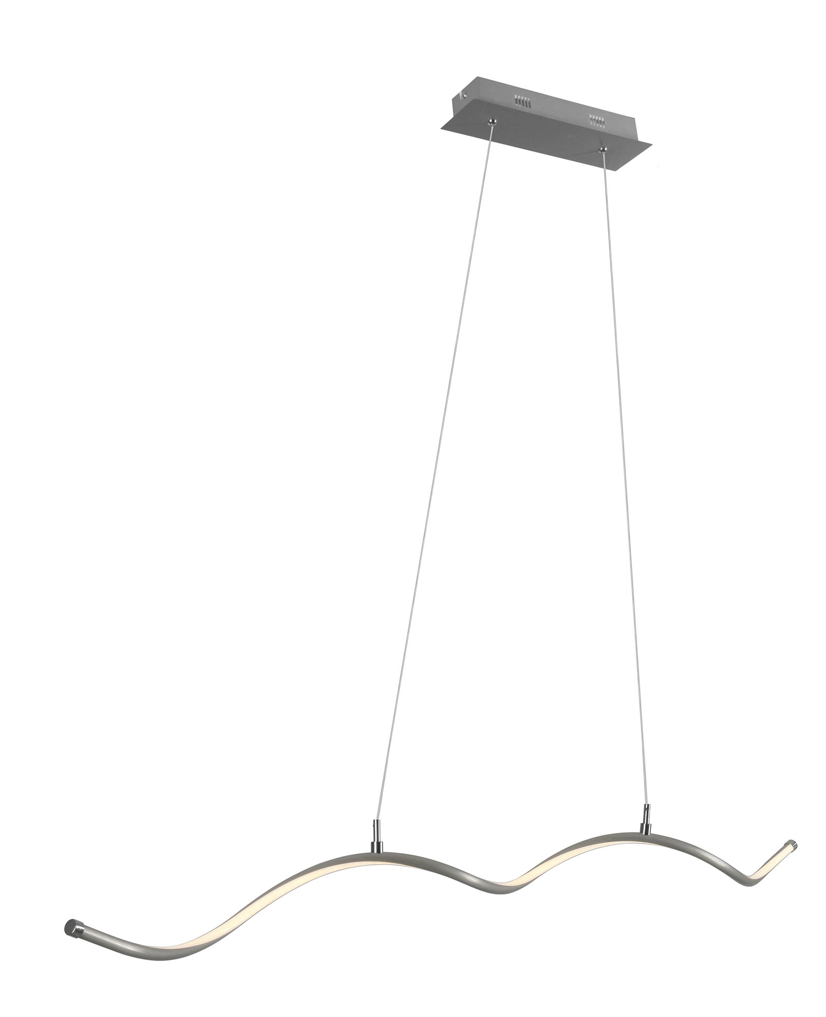 Lampada a sospensione argentata a forma di onda con sorgente luminosa, sfondo bianco.