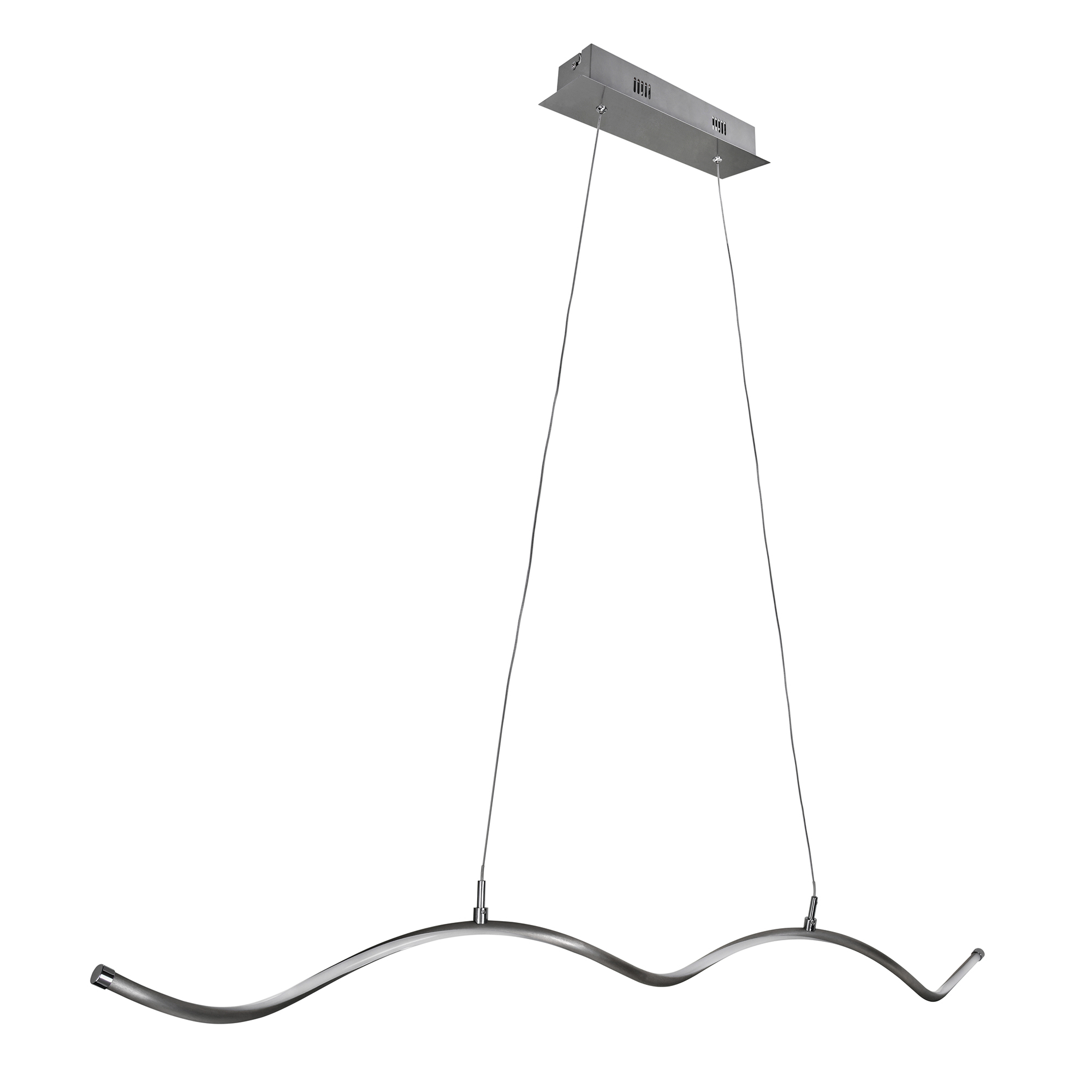 Elegante lampada a sospensione argentata a forma di onda. Design moderno, sospesa con fili sottili. Fornisce un effetto di illuminazione contemporaneo.