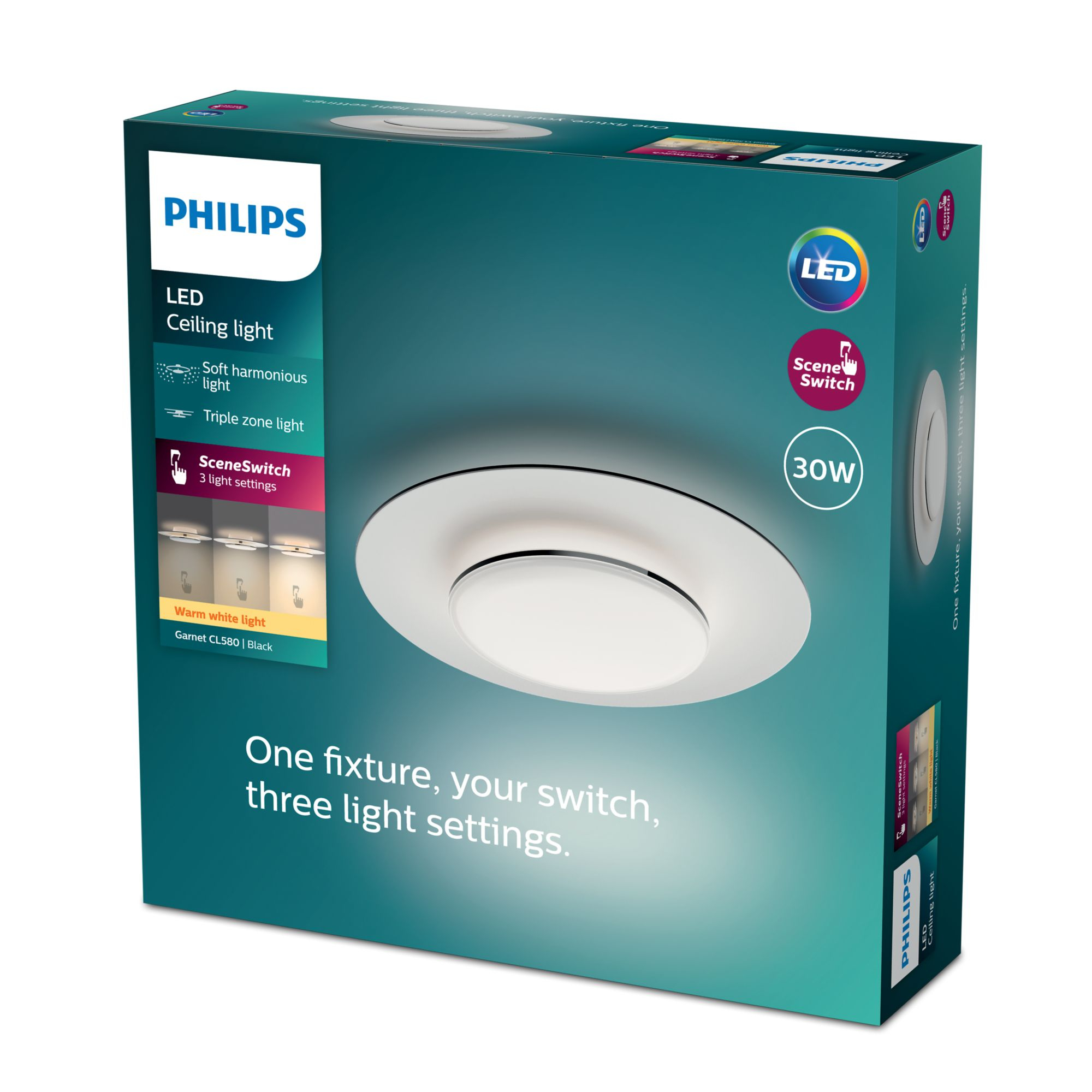 Scatola di plafoniera a LED con tre impostazioni di luce, marchio Philips.