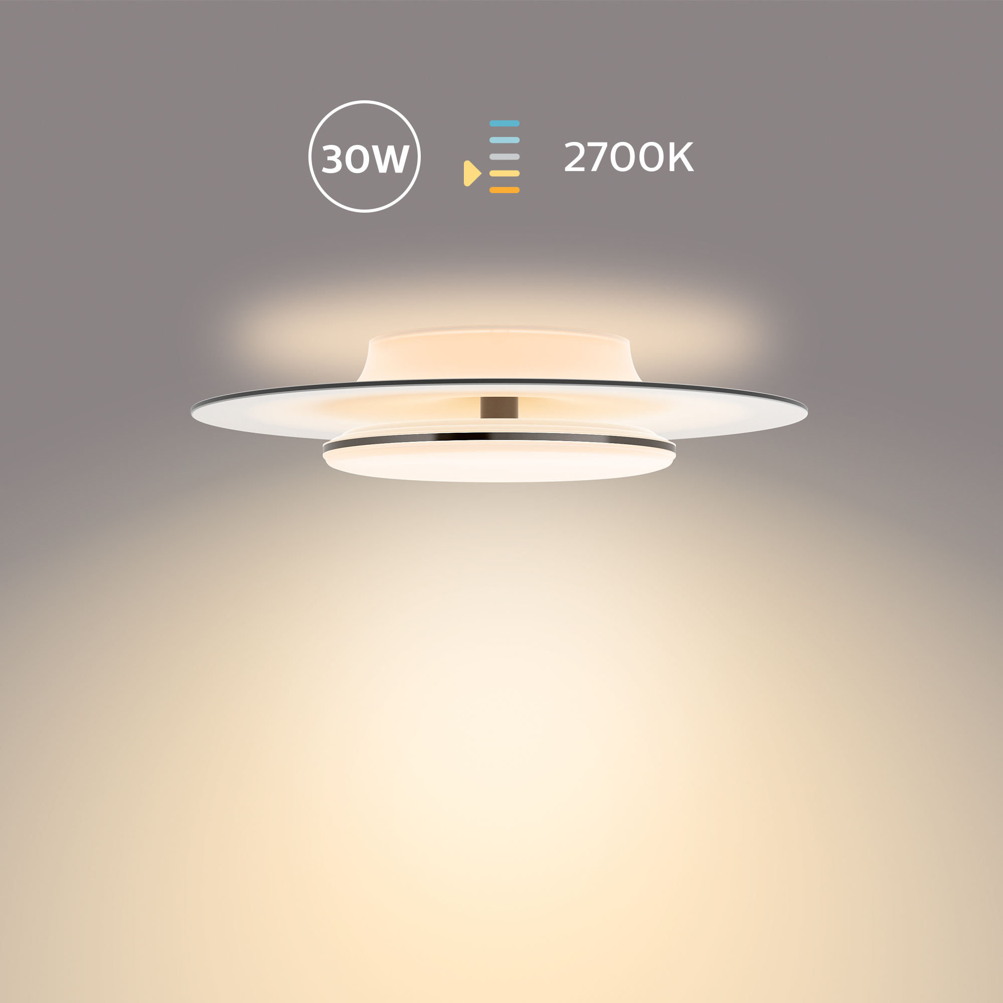 Plafoniera moderna con due dischi bianchi. La luce emette un bagliore caldo.