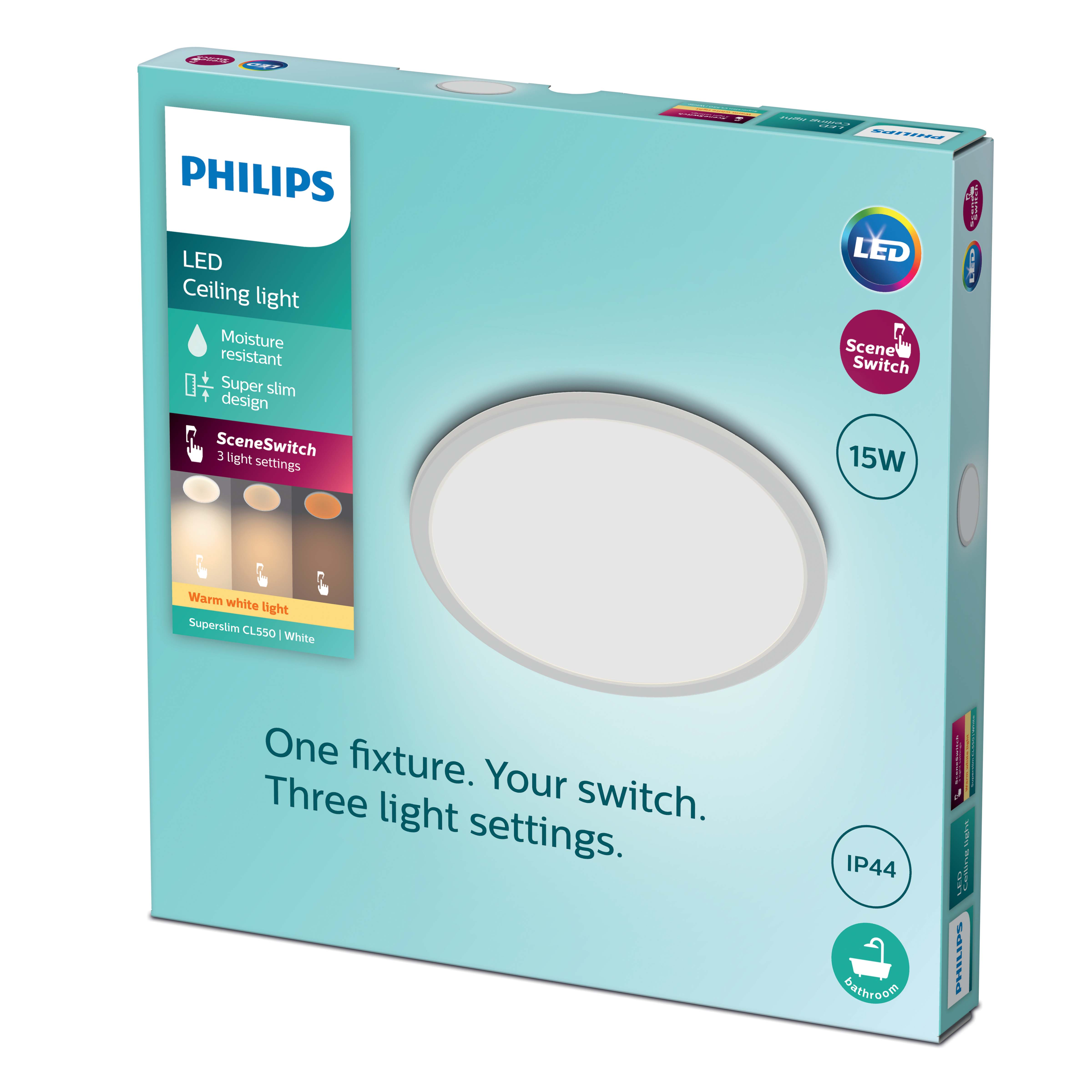 Plafonnier LED Philips en boîte. Texte, icônes de commutateur de scène et une illustration de lumière sont visibles.