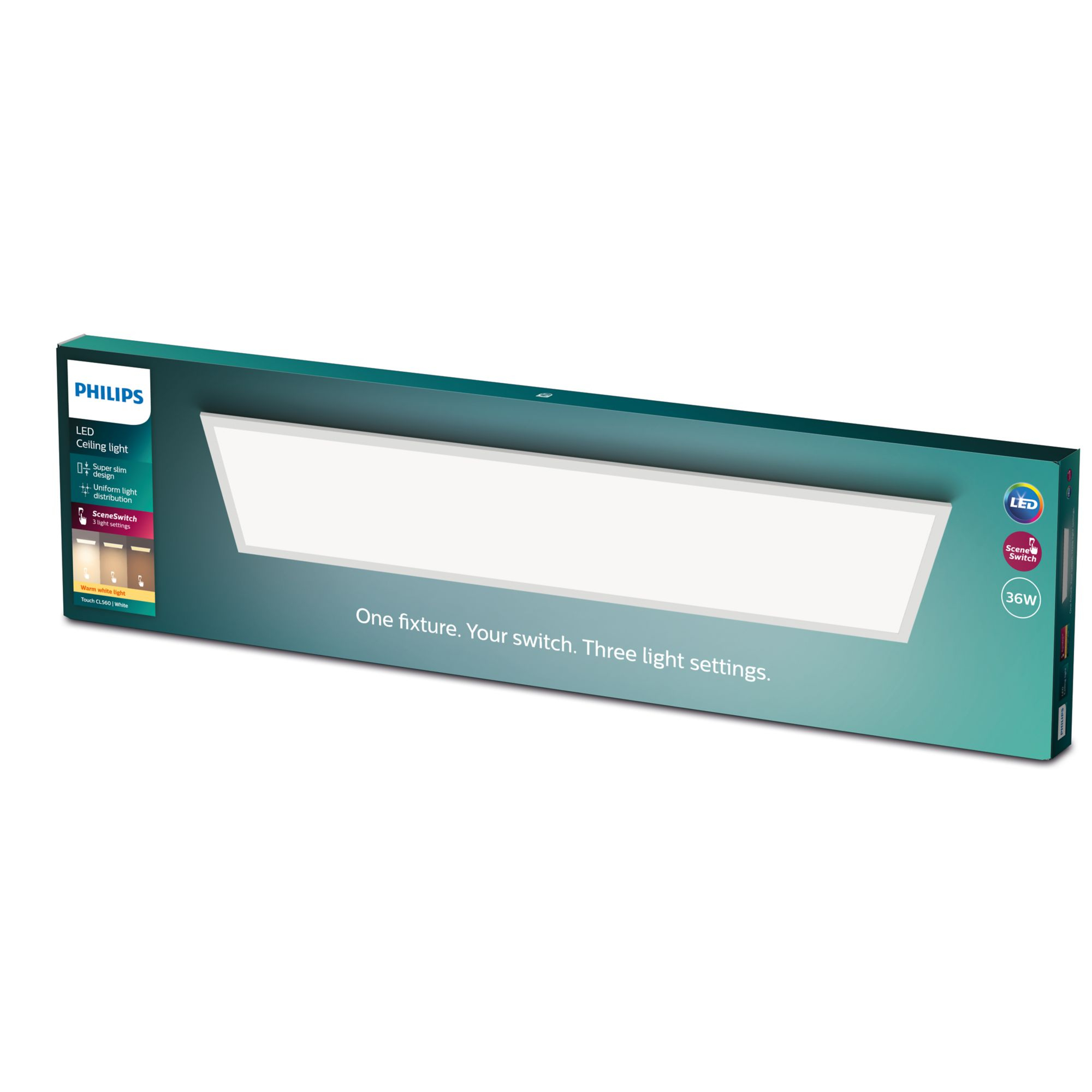 Plafoniera a LED Philips in una scatola. Sfondo bianco.