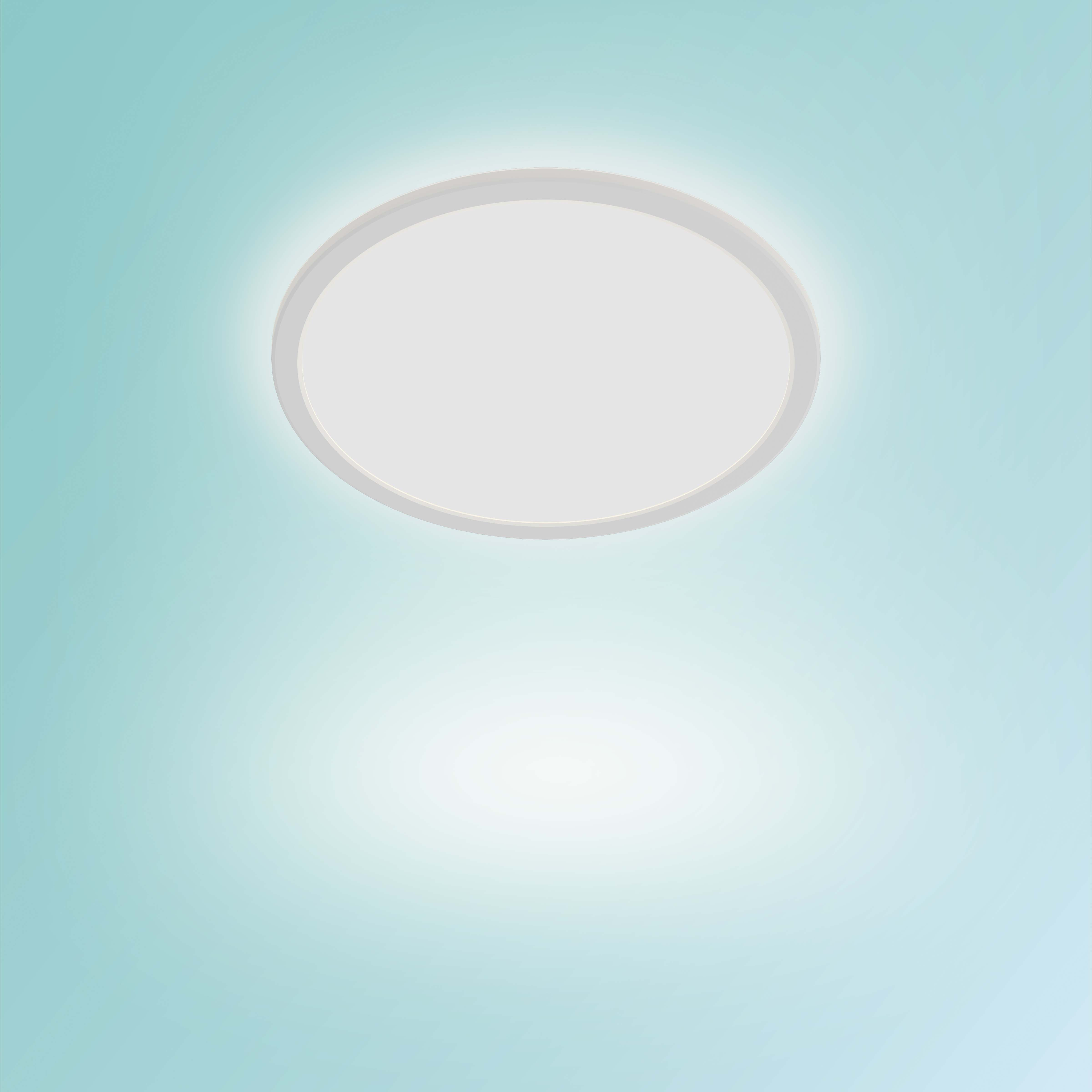 Un plafonnier rond sur fond bleu clair, avec une lueur centrale brillante.