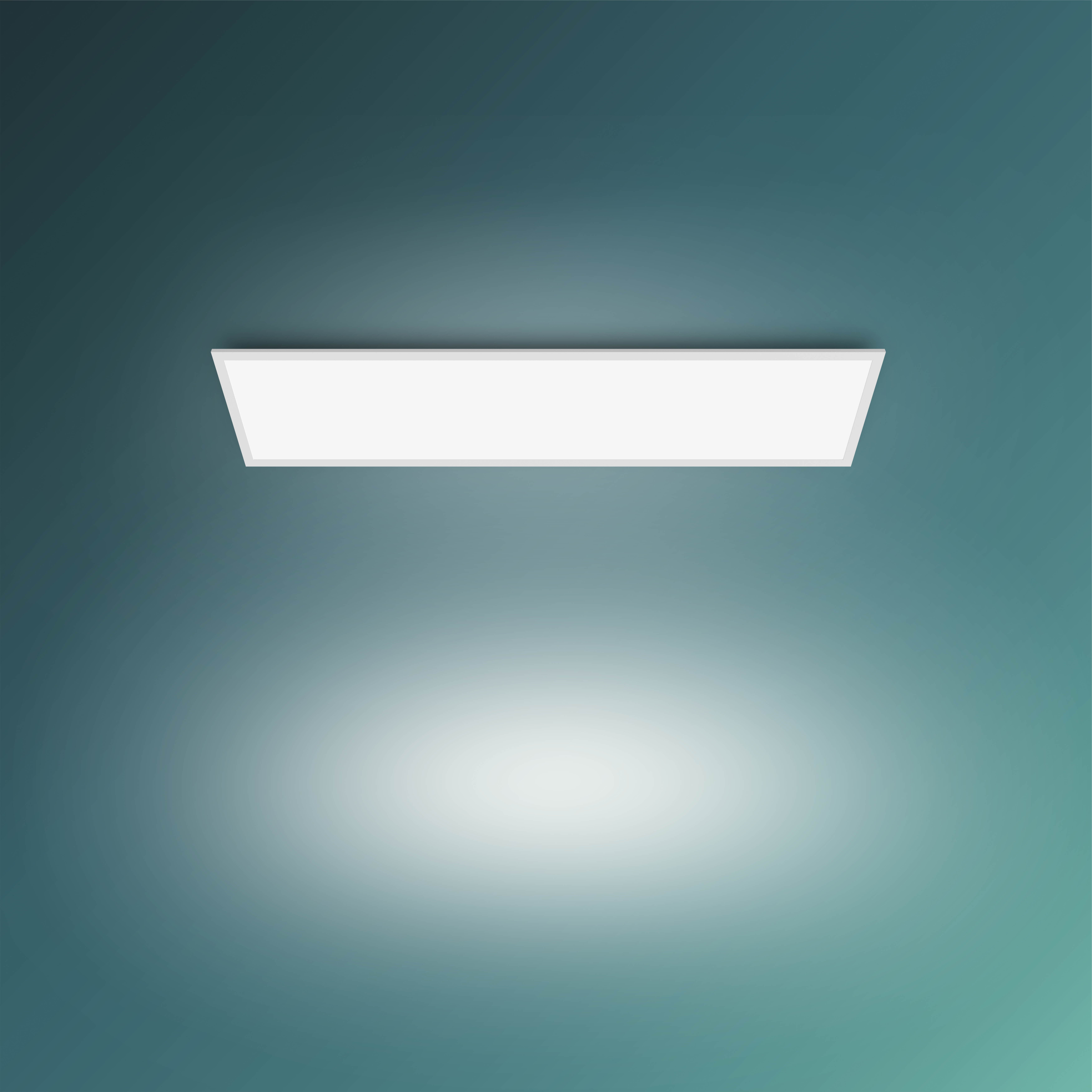 Apparecchio LED rettangolare bianco su sfondo sfumato blu-verde.