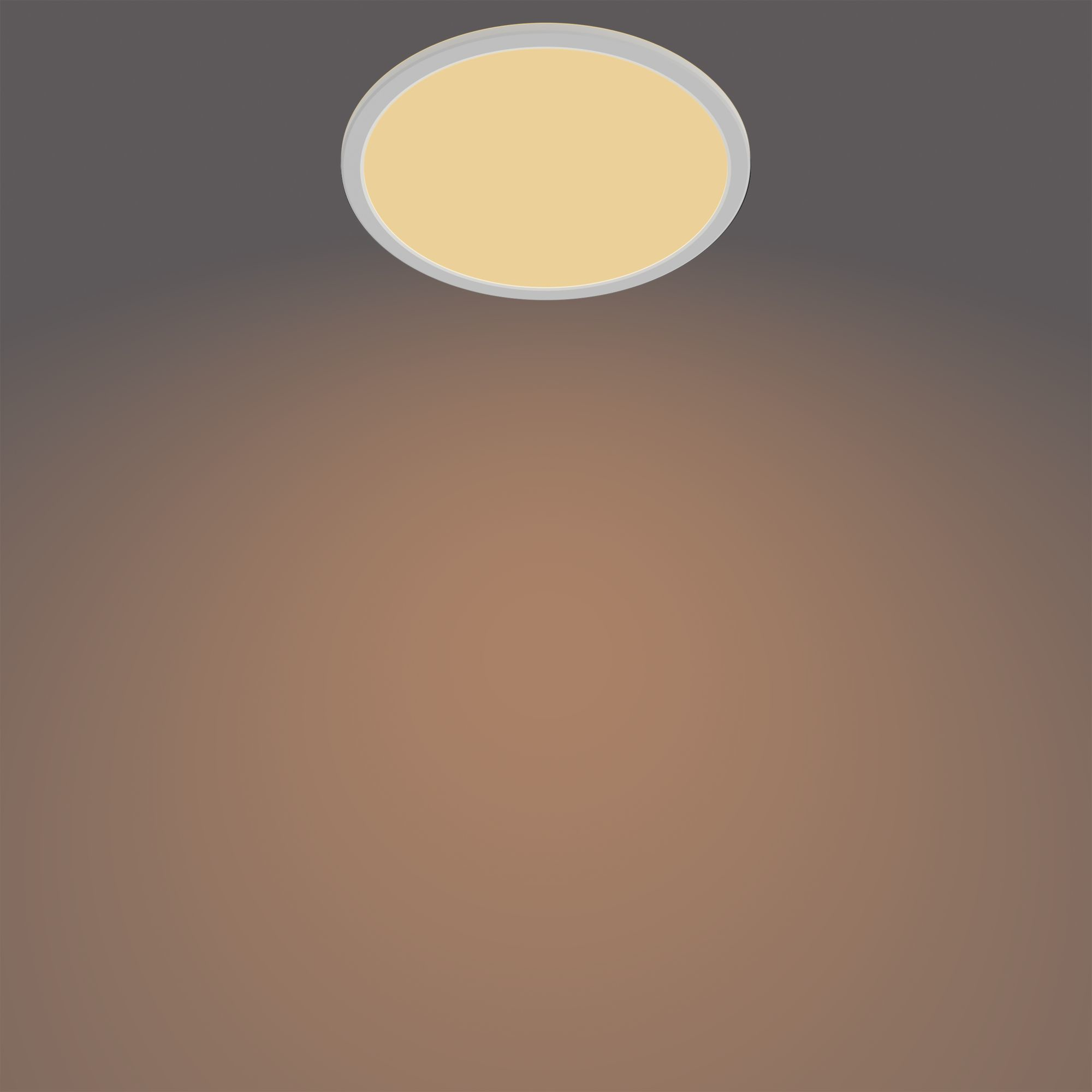 Plafonnier rond avec lueur beige, sur fond dégradé marron.