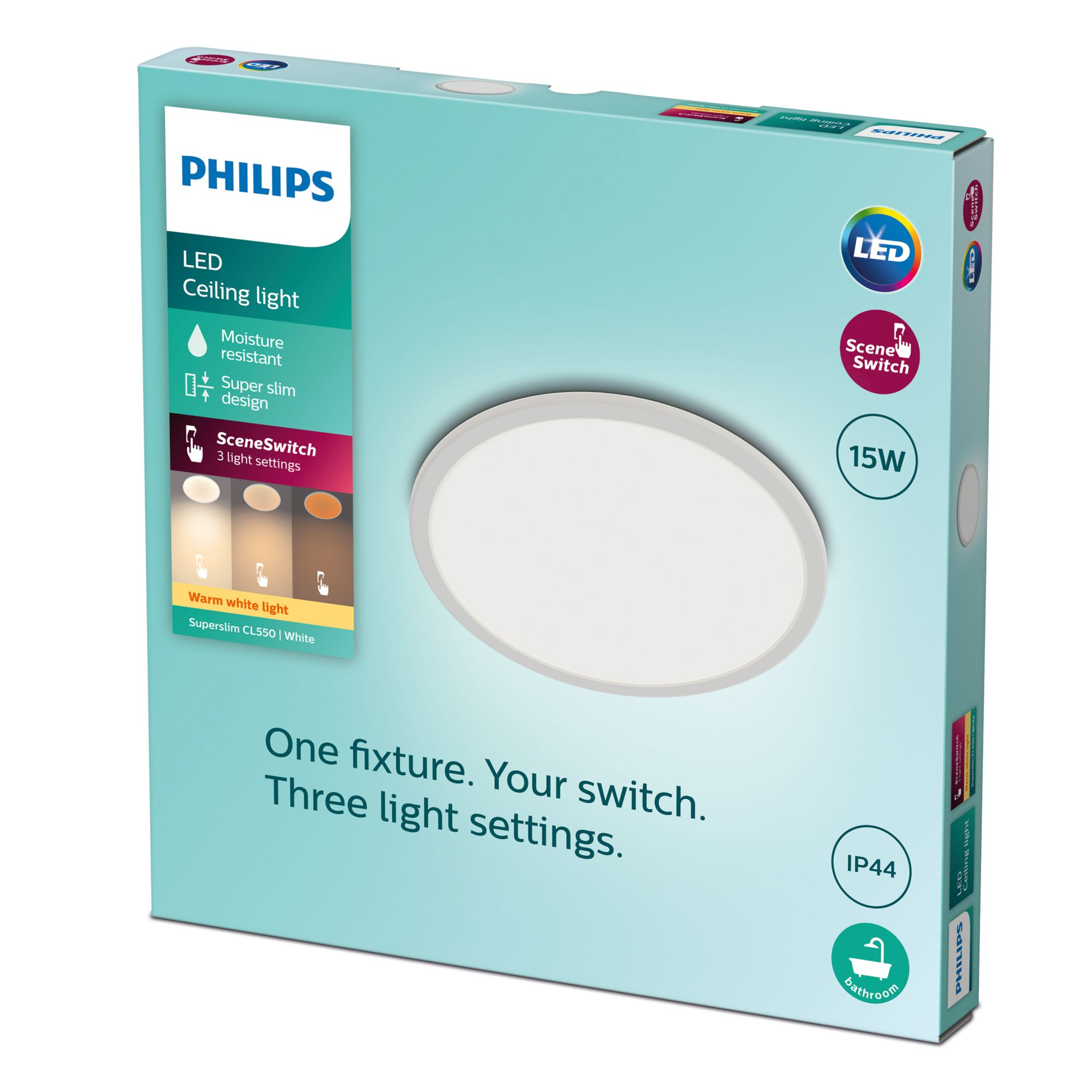 Boîte de plafonnier LED Philips avec luminaire rond blanc, 15W.