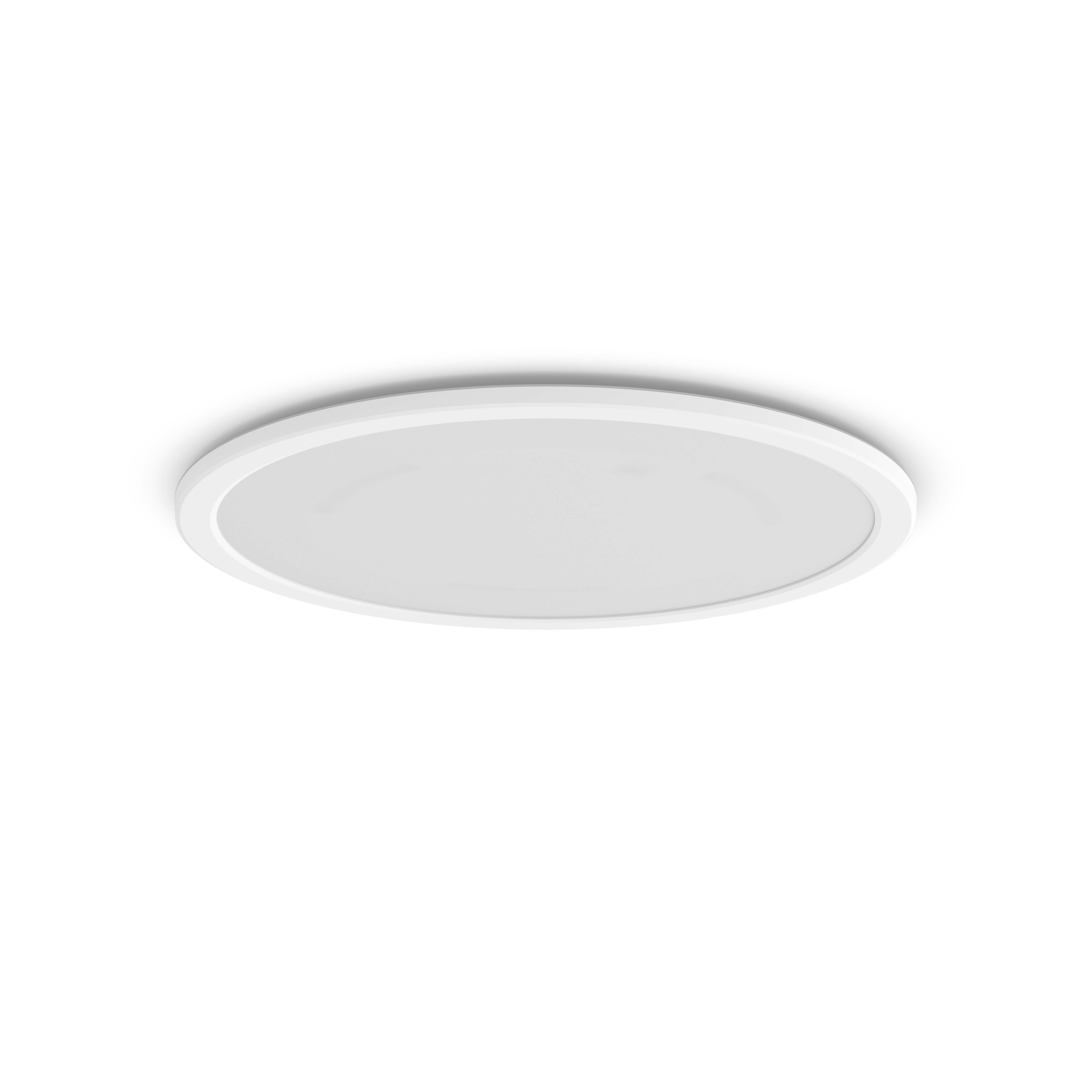 Un plafonnier rond et blanc. Il est centré sur un fond blanc. La lumière a une lueur douce.