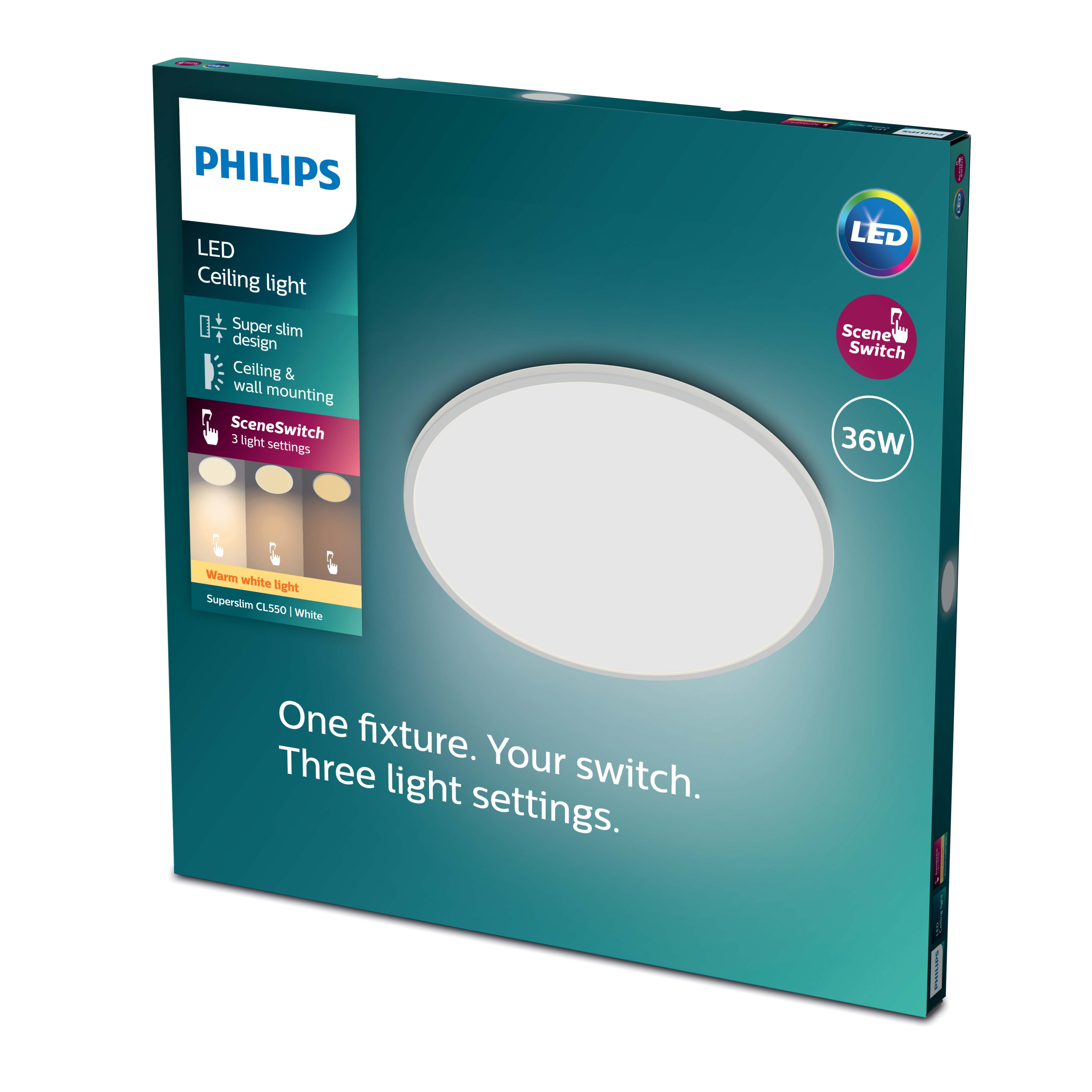 Scatola di plafoniera LED Philips con dettagli del prodotto, comprese tre impostazioni di luce.