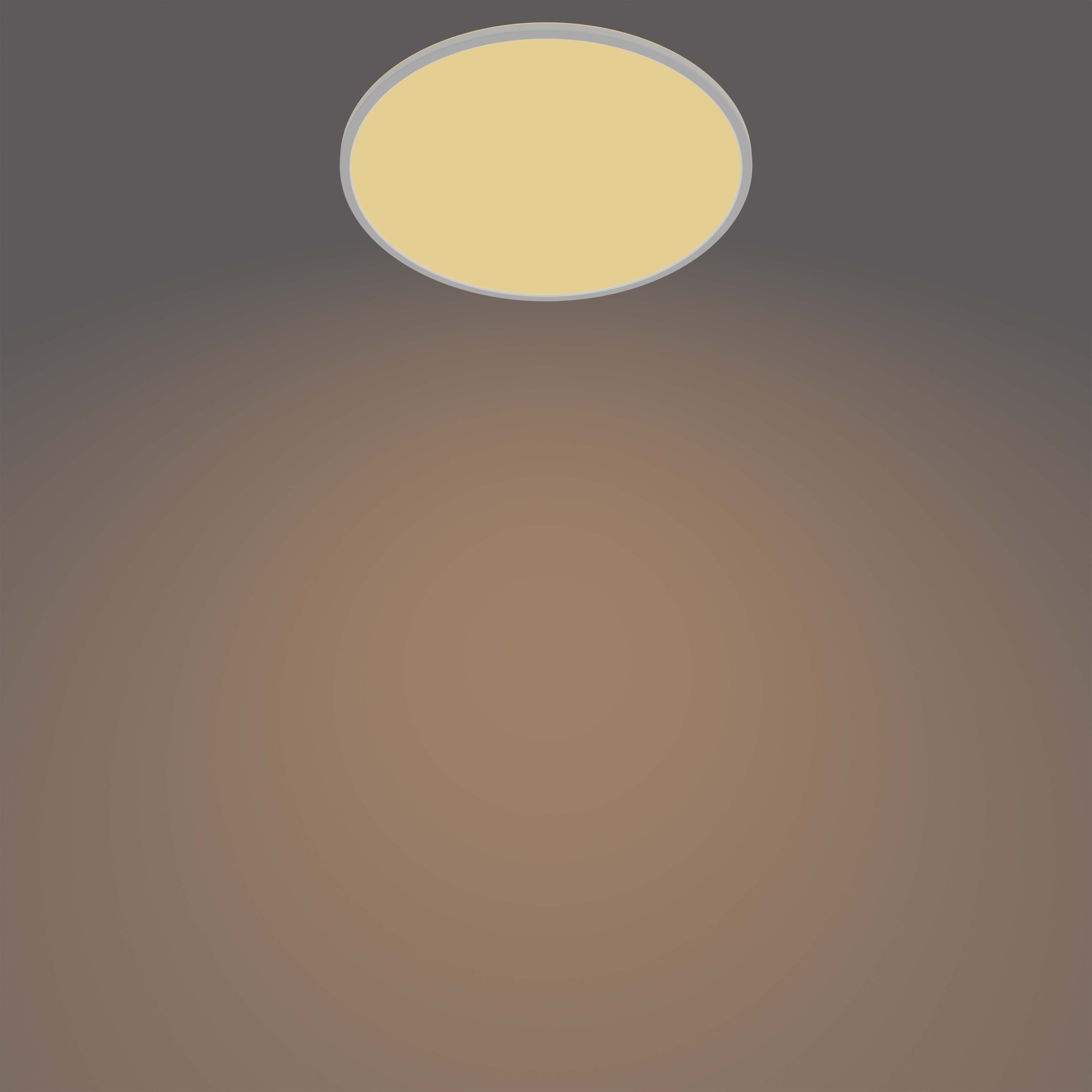 Plafoniera rotonda illuminata, bagliore giallo. Sfondo sfumato marrone.