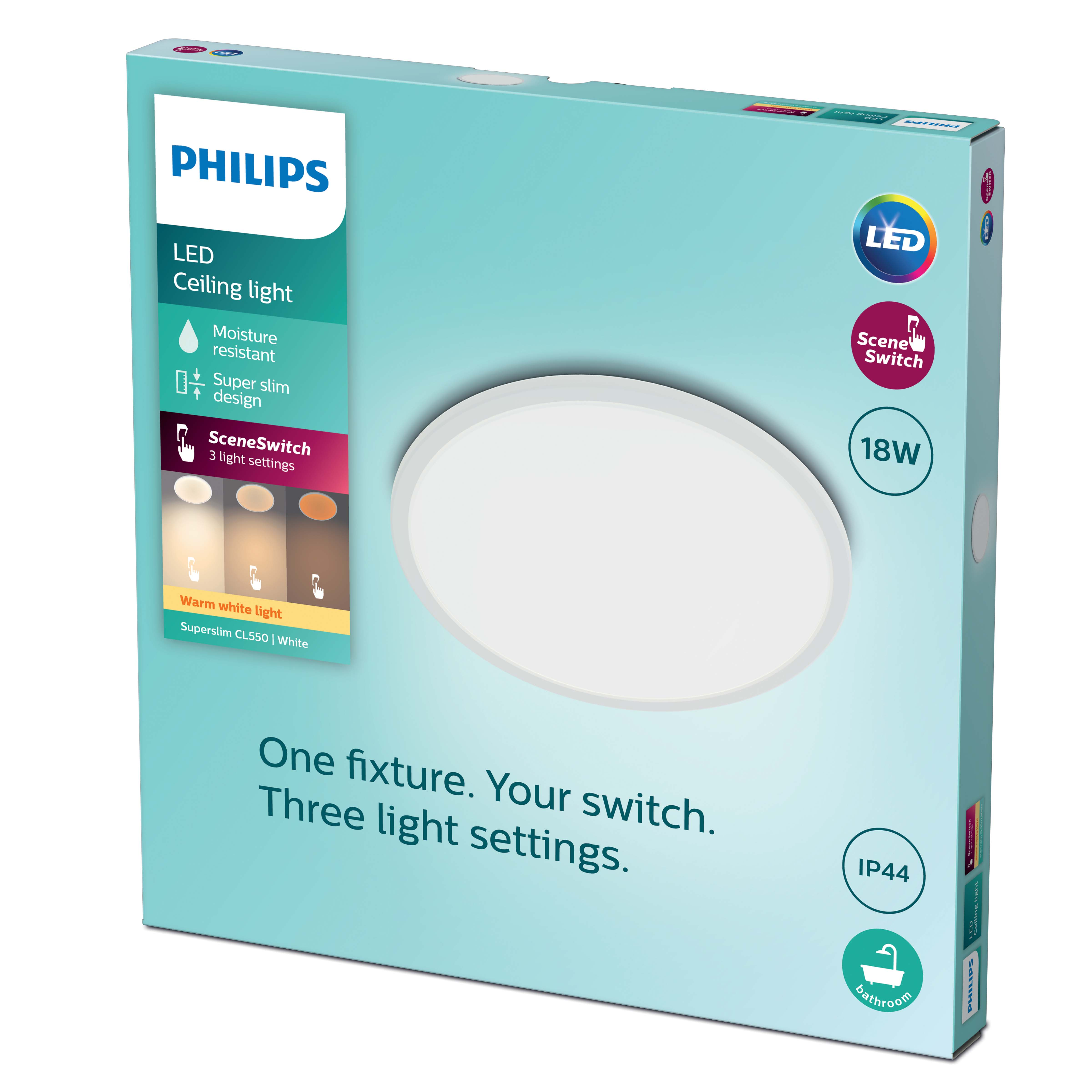 Luz de techo LED Philips en caja. Tiene texto, iconos de interruptor de escena y una ilustración de luz.