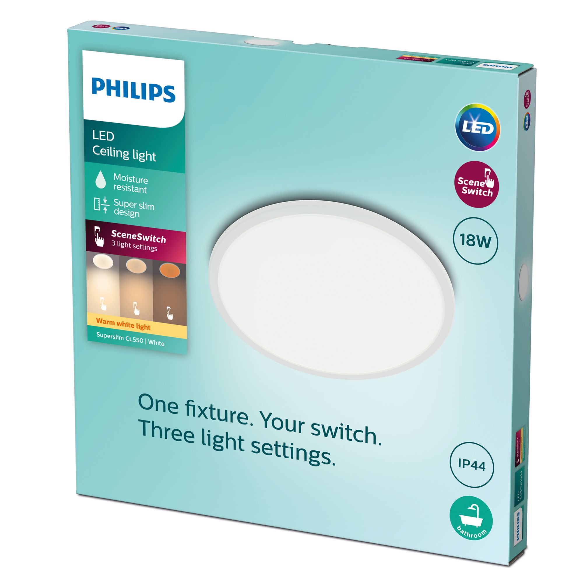 Una caja con luz de techo LED Philips. Texto e ilustración de luz. Fondo blanco.