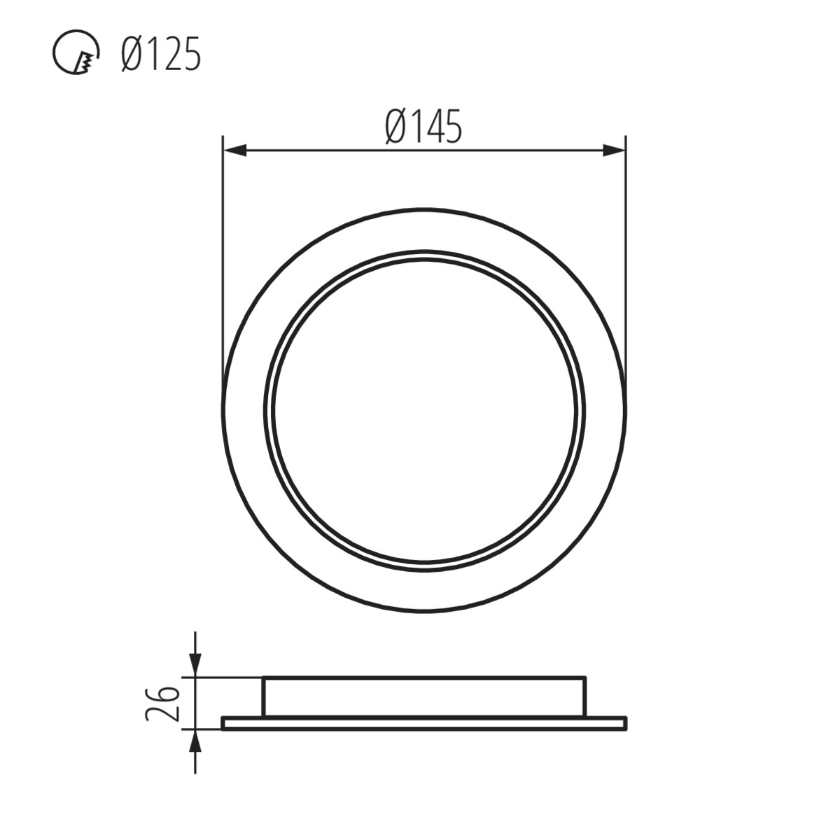 Diagramma di apparecchio di illuminazione circolare con misure. Sfondo bianco.