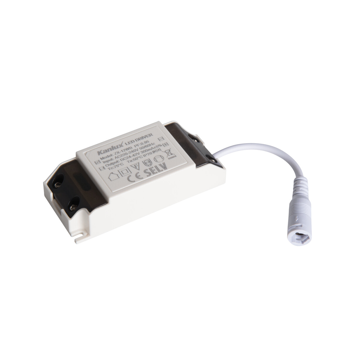 Controlador LED blanco con enchufe y cable blancos, aislado sobre fondo blanco.