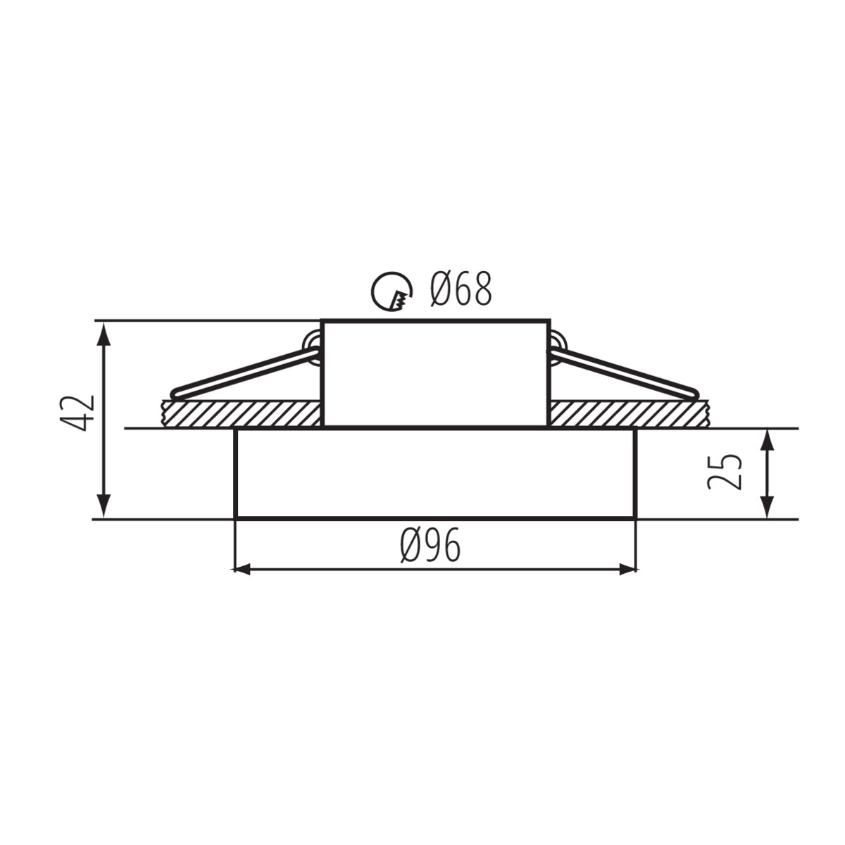 Disegno tecnico di un apparecchio di illuminazione. Vista in sezione trasversale, dimensioni etichettate. Sfondo bianco.