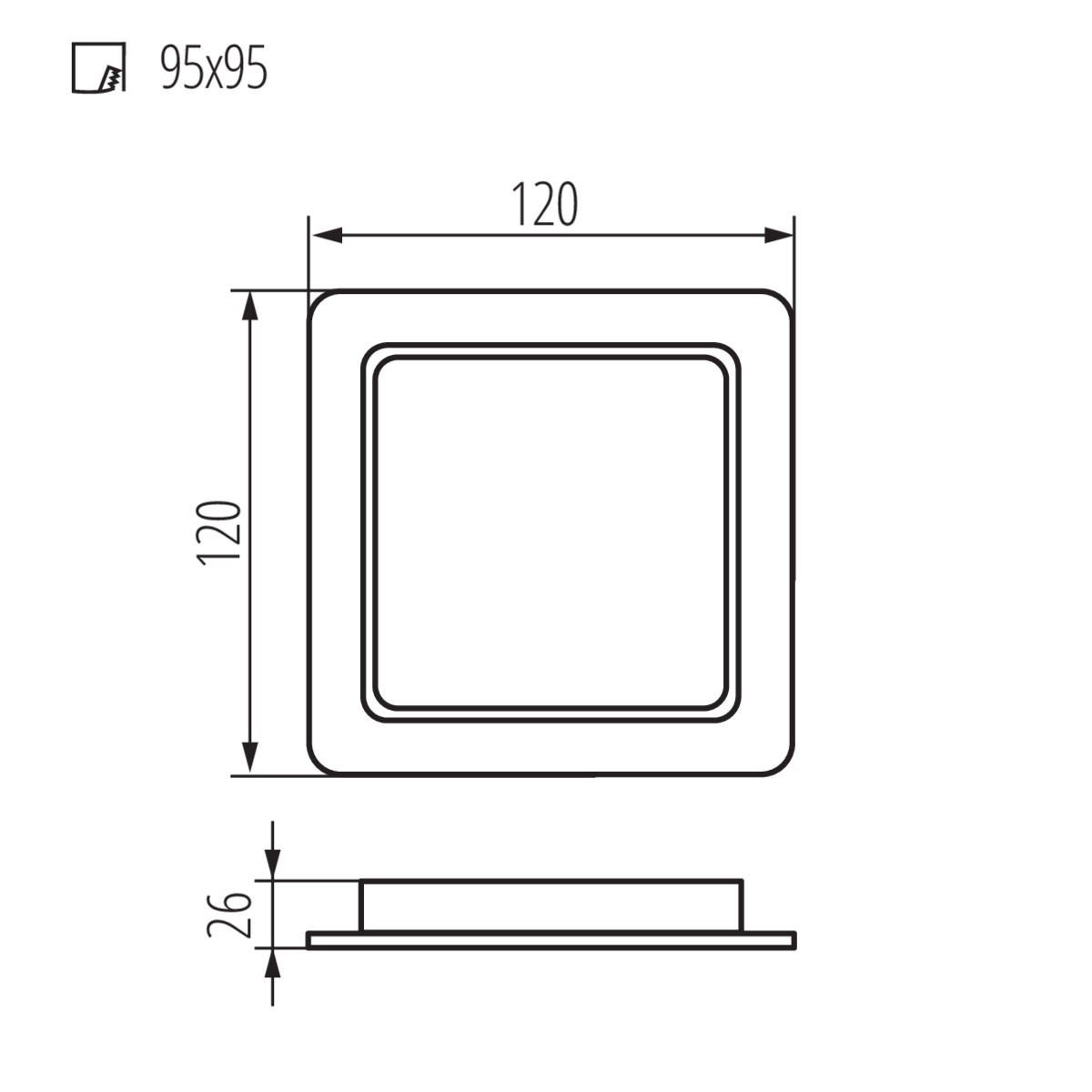 Disegno tecnico di un apparecchio di illuminazione da incasso quadrato con dimensioni.