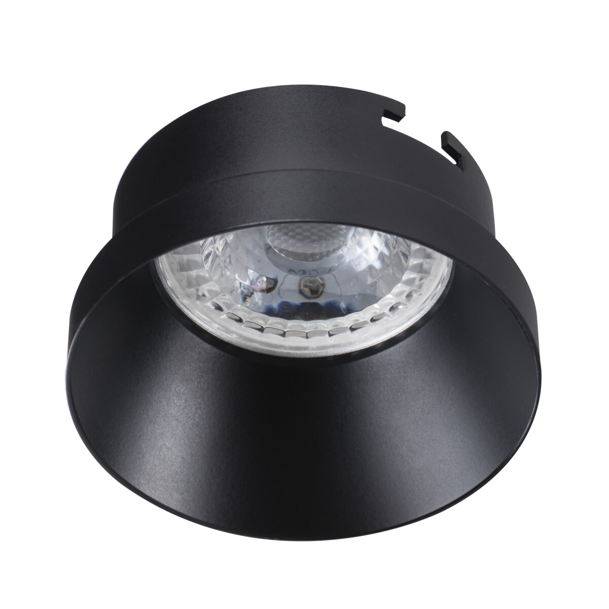 Un faretto nero con una sorgente luminosa rotonda, vista frontale e sfondo bianco.