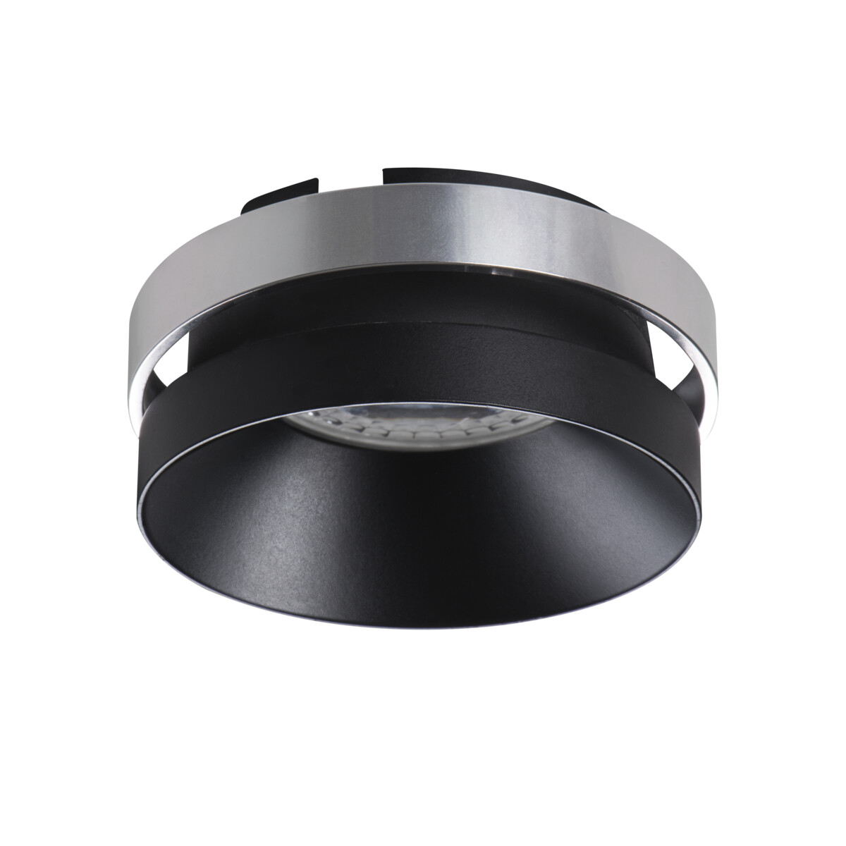 Apparecchio di illuminazione a incasso nero e argento. Design circolare.