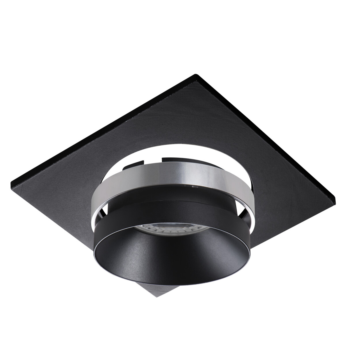 Apparecchio di illuminazione a incasso nero e argento, cornice quadrata.