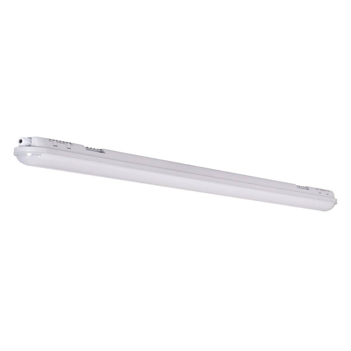 Een witte, lange, rechthoekige LED-armatuur, geïsoleerd op een witte achtergrond.