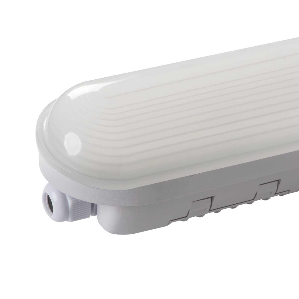 Un luminaire rectangulaire blanc. Il a un couvercle en verre dépoli et une base blanche.