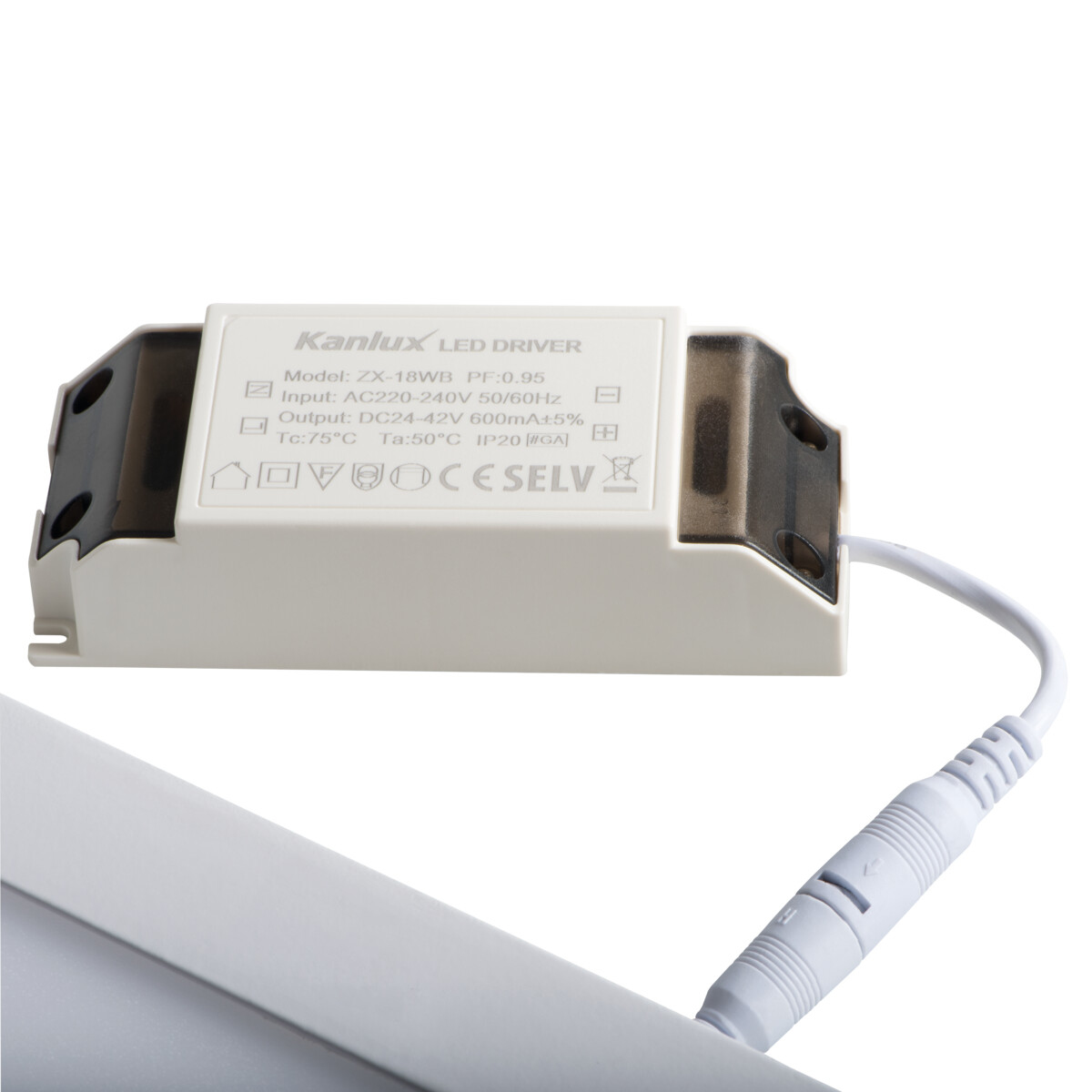 Driver LED Kanlux bianco con cavo e connettore bianchi. Staffe nere.