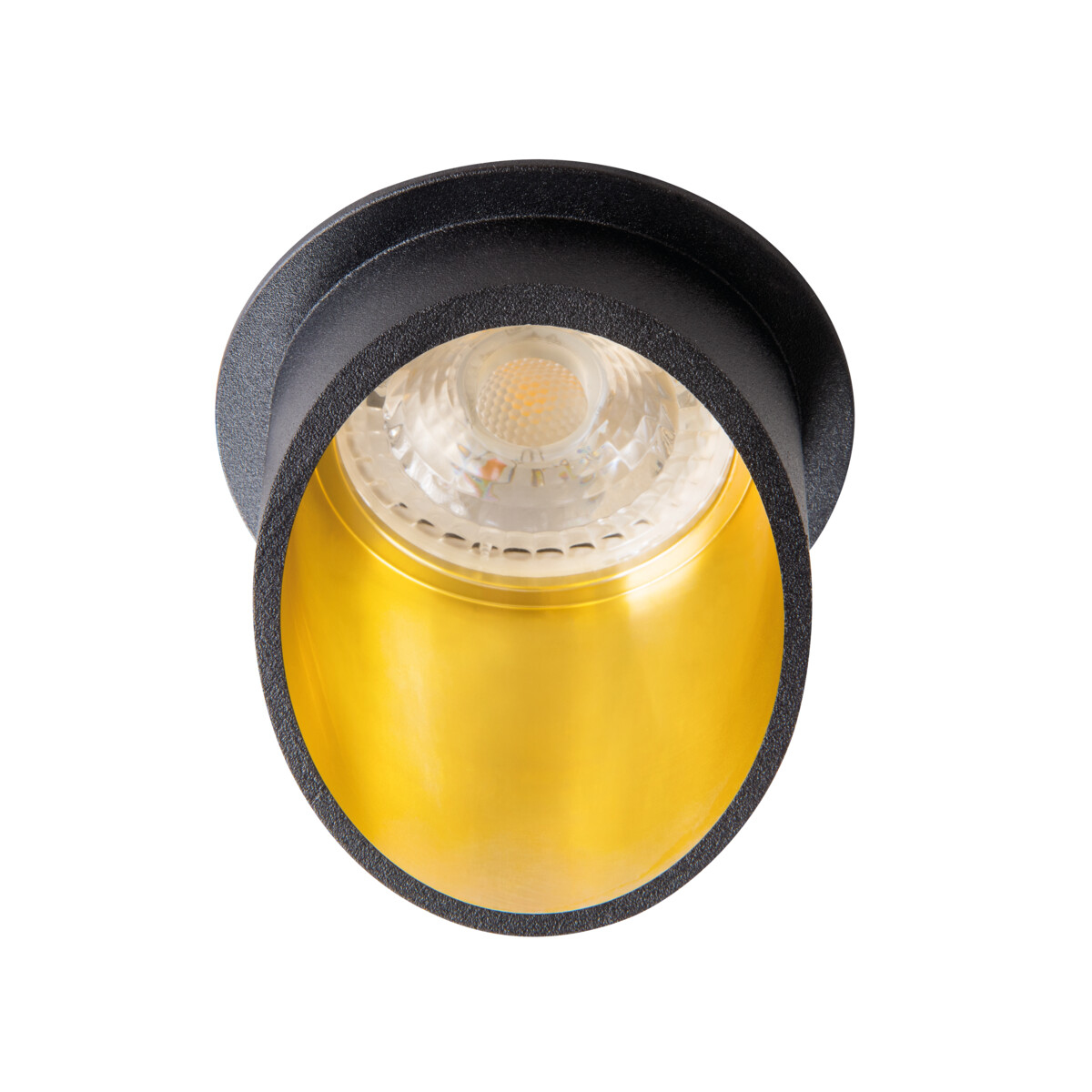 Faretto rotondo nero con interno dorato e sorgente luminosa brillante.