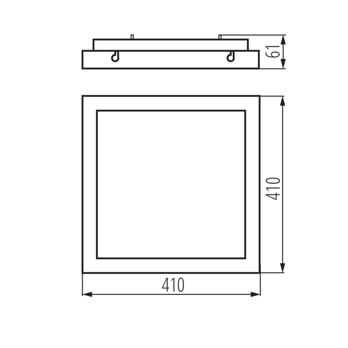 Disegno tecnico di un oggetto quadrato con dimensioni in millimetri.