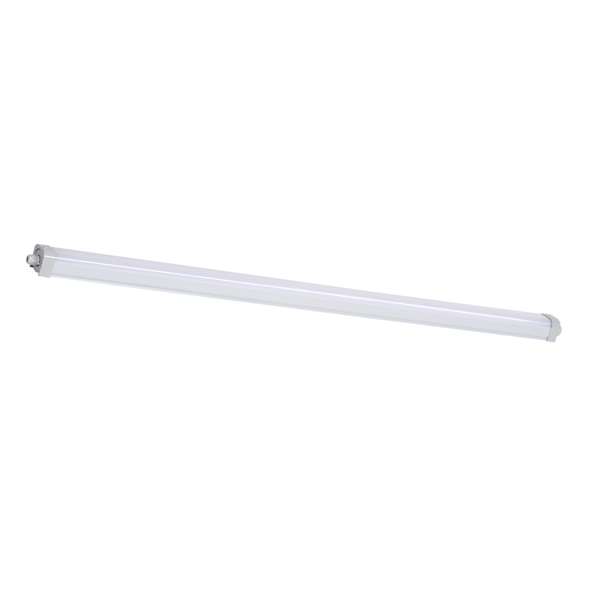 Un lungo apparecchio di illuminazione a tubo bianco. Ha tappi argentati alle estremità.