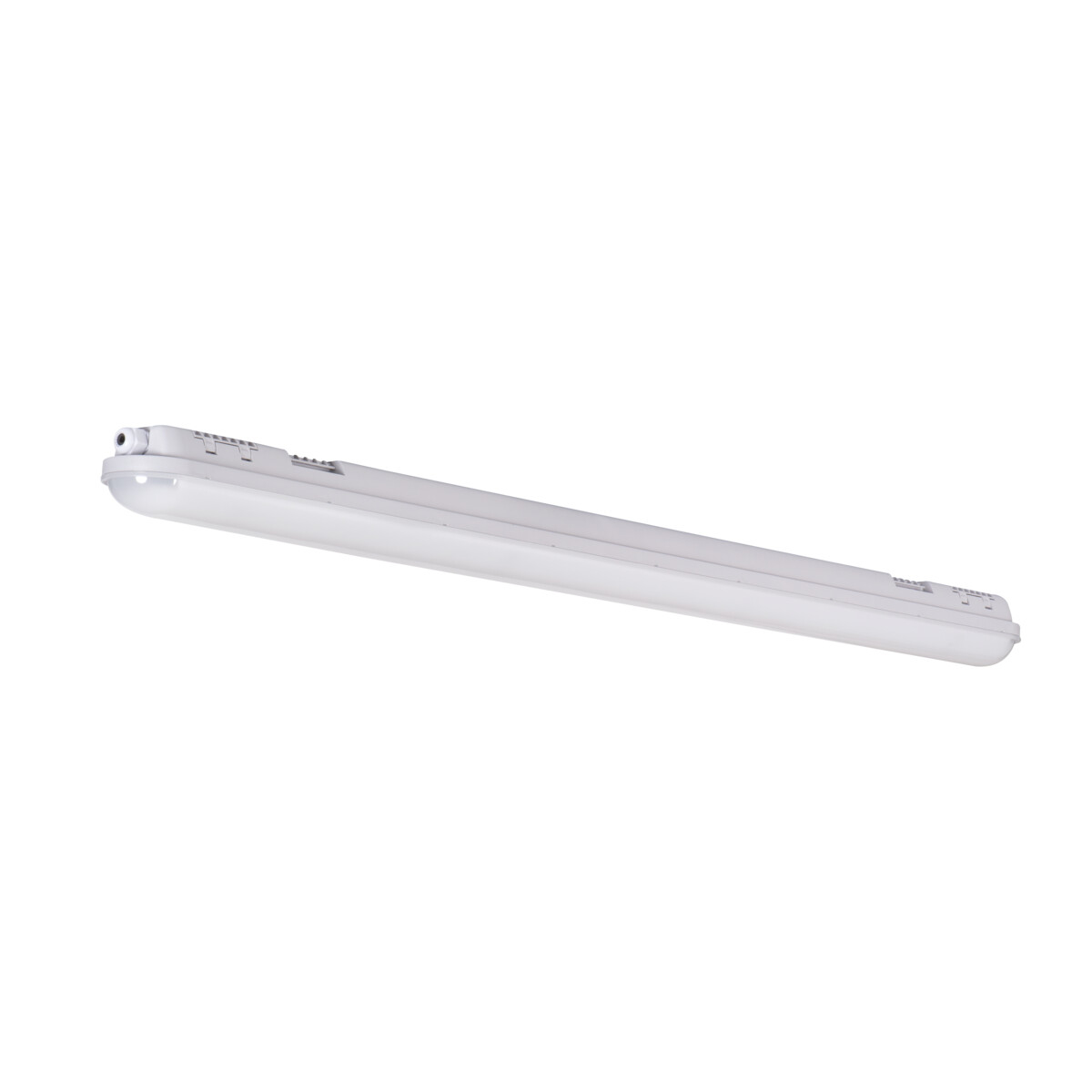 Apparecchio di illuminazione a LED lungo e bianco. La luce è di forma rettangolare allungata, adatta a una stanza.