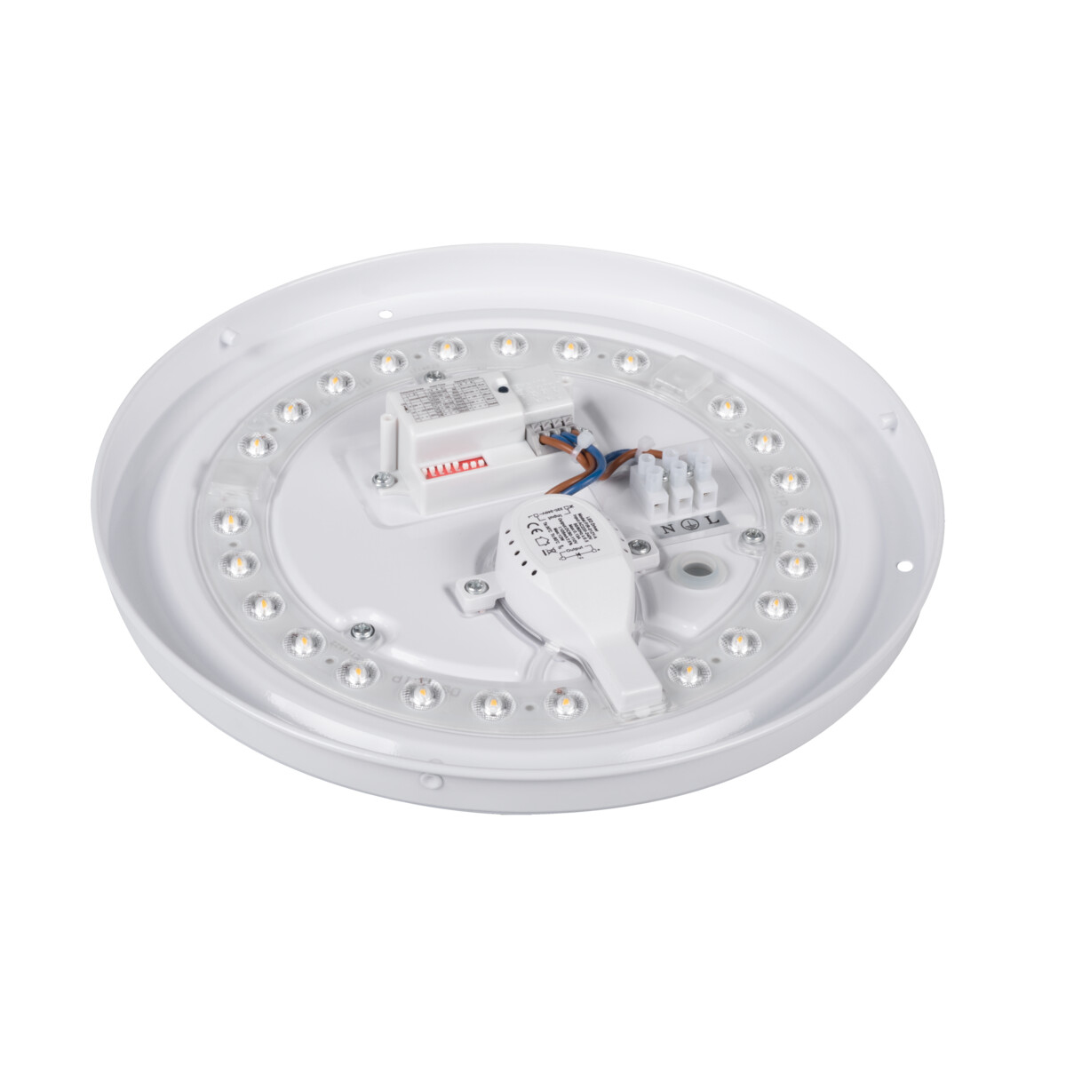 Un apparecchio di illuminazione a LED circolare bianco, con un componente centrale e numerose piccole luci.