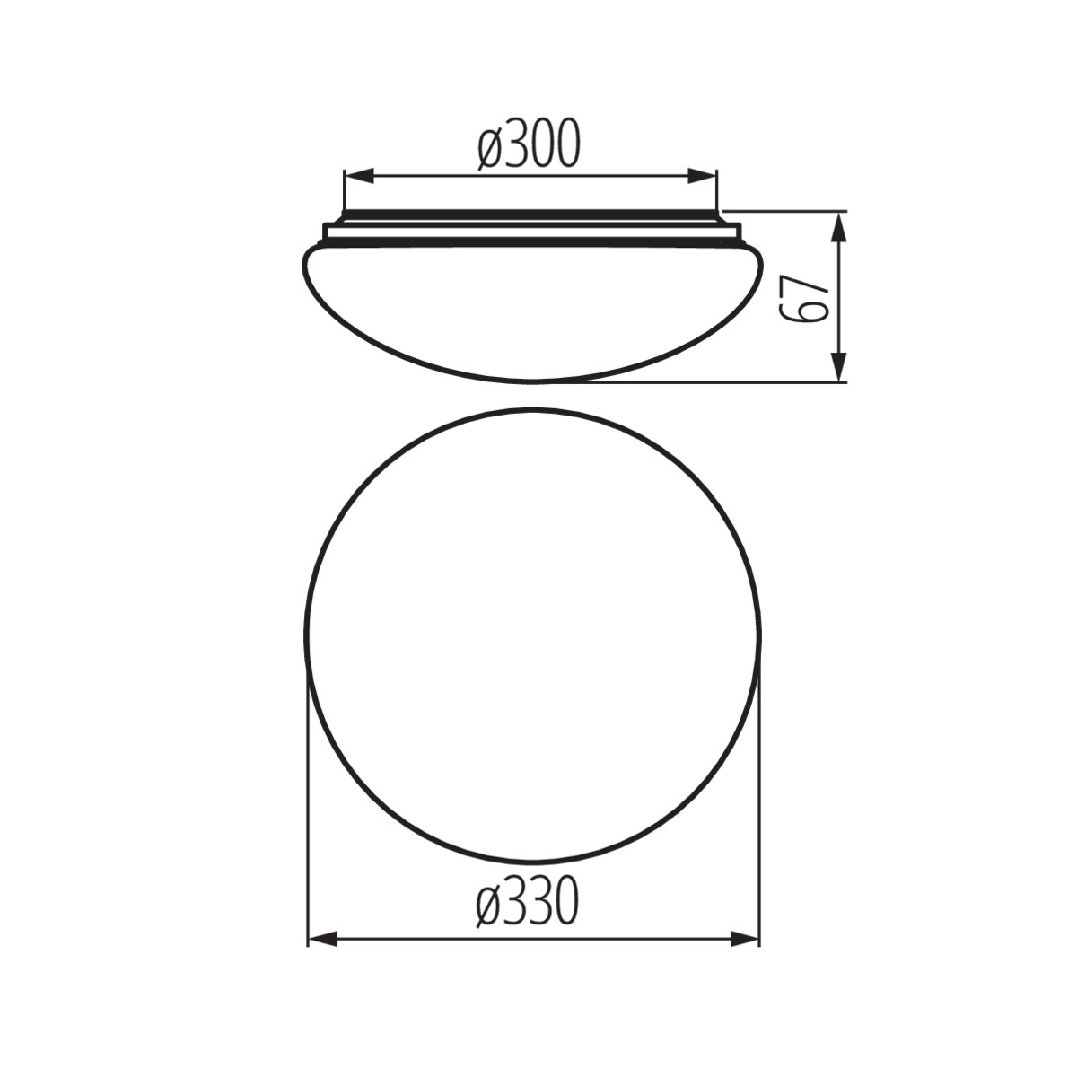 Un dibujo esquemático de una lámpara circular con dimensiones.