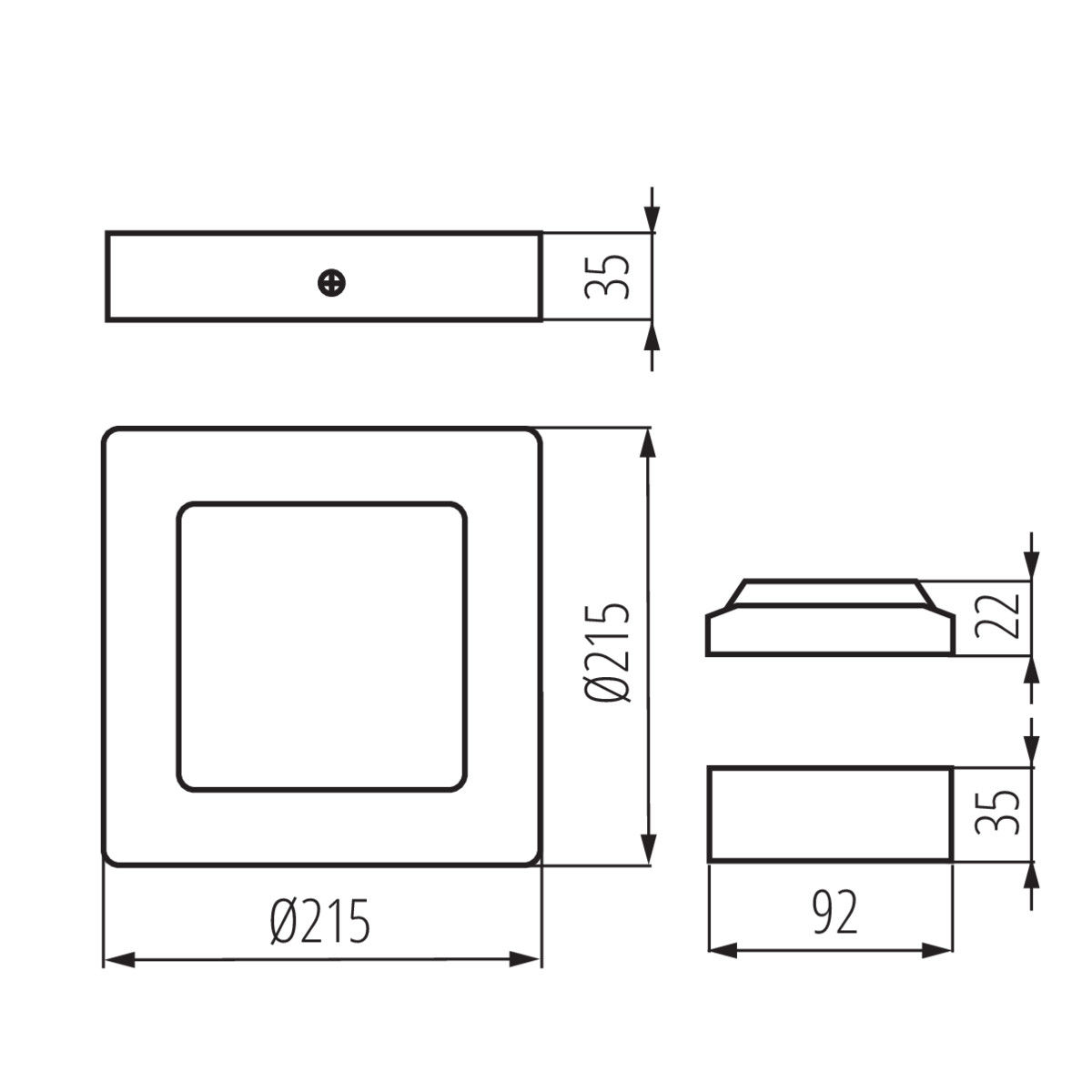 Technische tekening van een vierkante armatuur met afmetingen en zijaanzichten.