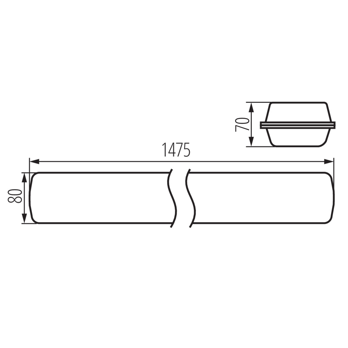 Technische tekening van een rechthoekig profiel met afmetingen: 1475 mm lang, 80 mm breed en 70 mm hoog.