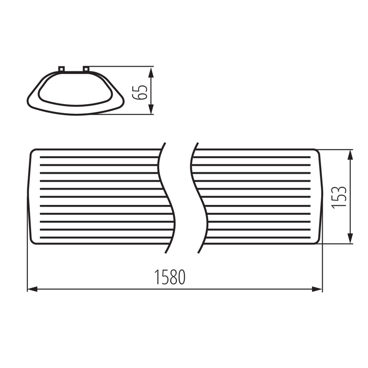 Diagramma con dimensioni: 1580 mm lungo, 65 mm largo e 153 mm alto.