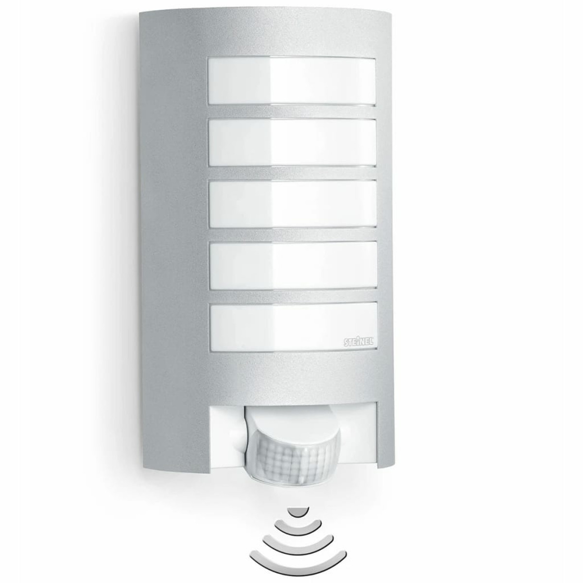 Luce da parete argentata con più pannelli luminosi bianchi e un sensore in basso.