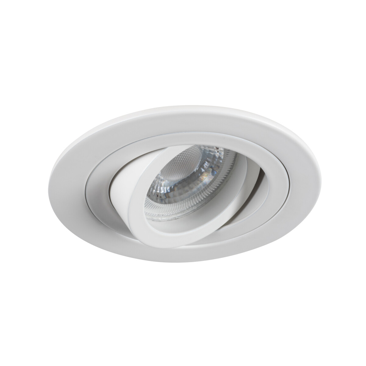 Una lámpara empotrada blanca y ajustable con una fuente de luz visible.